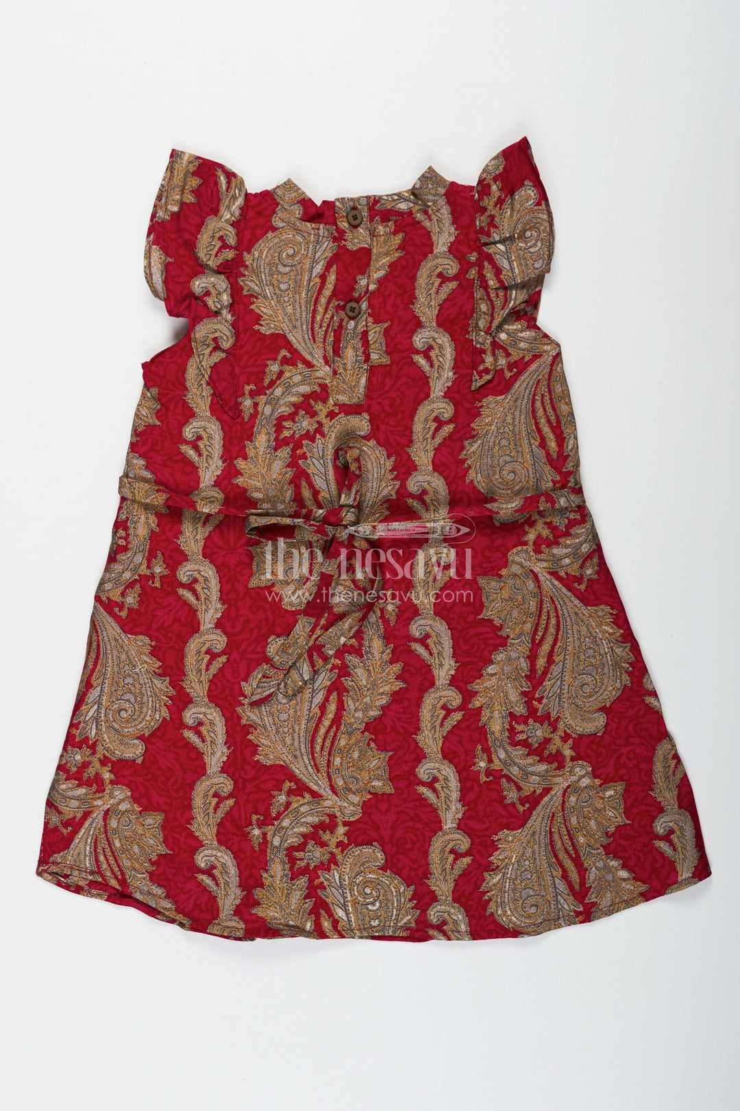 The Nesavu Girls Chanderi Frock Girls Red Chanderi Frock with Gold Baroque Details Ideal for Dress Party Wear for Kids and Toddlers Nesavu Girls Red Chanderi Frock Gold Baroque Design Ideal Party Wear Festive Celebrations | The Nesavu