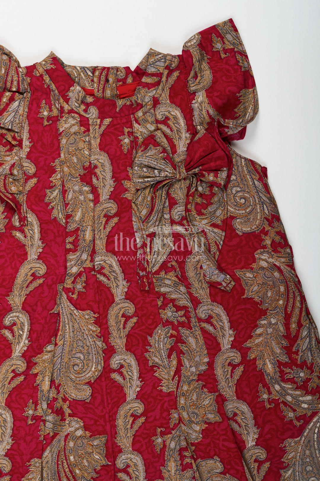 The Nesavu Girls Chanderi Frock Girls Red Chanderi Frock with Gold Baroque Details Ideal for Dress Party Wear for Kids and Toddlers Nesavu Girls Red Chanderi Frock Gold Baroque Design Ideal Party Wear Festive Celebrations | The Nesavu