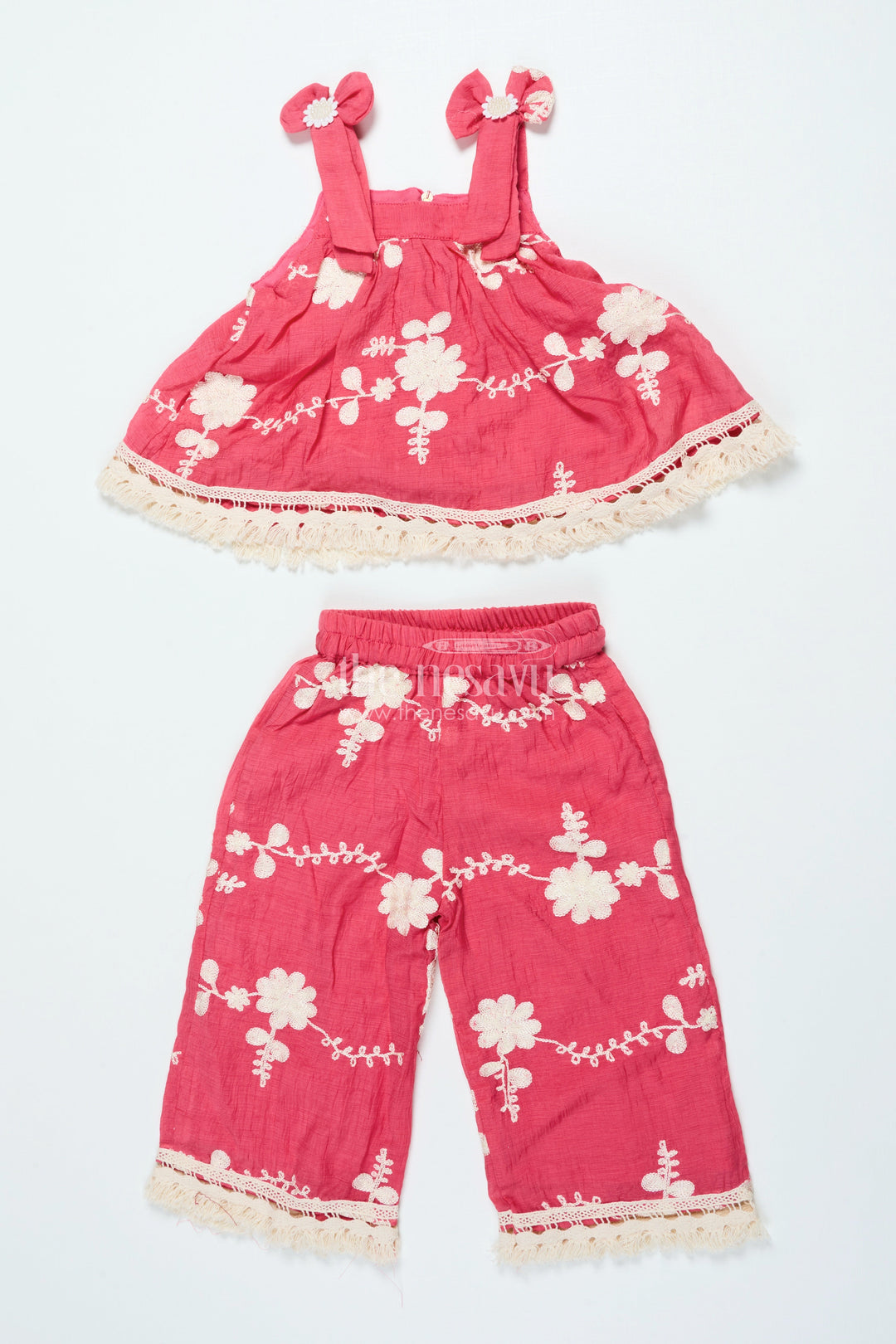 The Nesavu Girls Co-Ord Sets Girls Red Cotton Sharara Set with Thread Embroidery for Ethnic Events Nesavu 18 (2Y) / Red GPS889B-18 Nesavu red cotton sharara set girls embroidery dupatta  perfect festive occasions