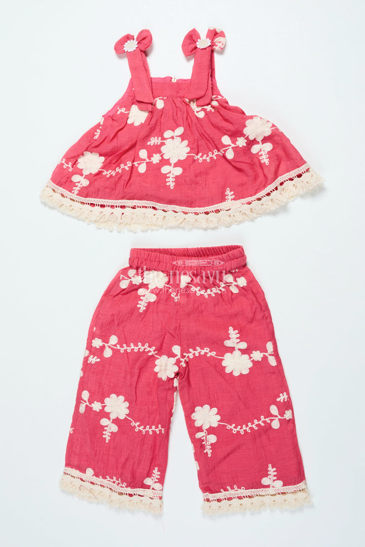 The Nesavu Girls Co-Ord Sets Girls Red Cotton Sharara Set with Thread Embroidery for Ethnic Events Nesavu 18 (2Y) / Red GPS889B-18 Nesavu red cotton sharara set girls embroidery dupatta  perfect festive occasions