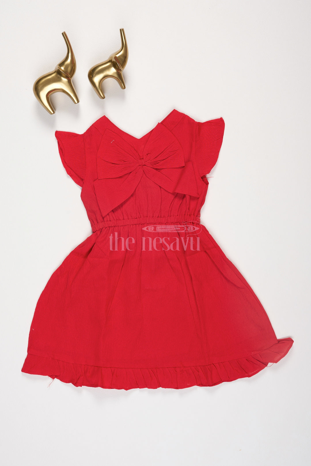 The Nesavu Baby Fancy Frock Girls Red Cotton Short Frock with Bow Detail for Festive Celebrations and Special Events Nesavu Nesavu Girls Red Cotton Frock Large Bow Ruffle Hem Holiday Parties Family Gatherings