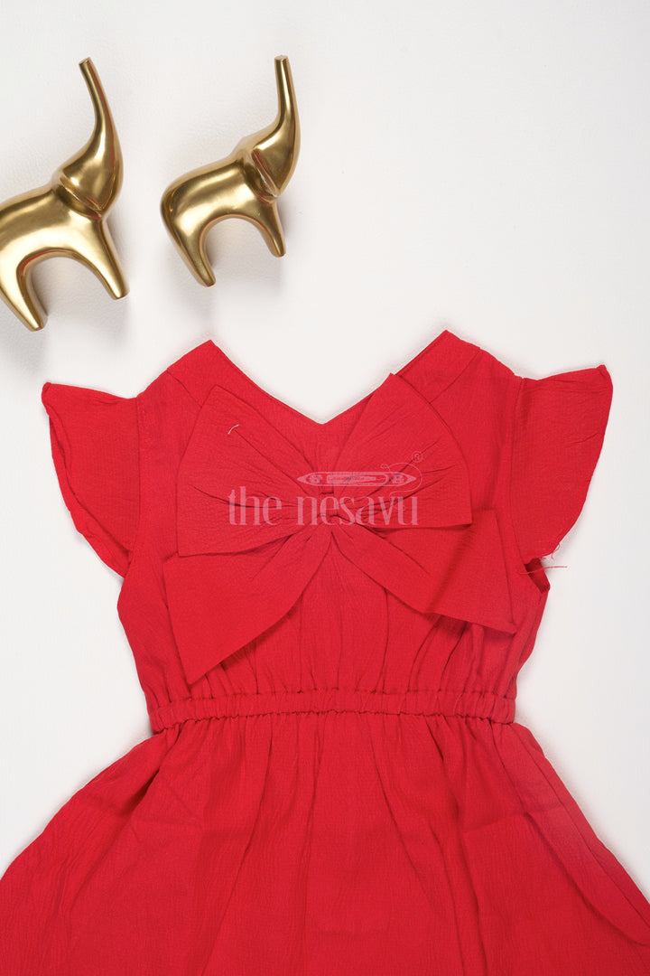 The Nesavu Baby Fancy Frock Girls Red Cotton Short Frock with Bow Detail for Festive Celebrations and Special Events Nesavu Nesavu Girls Red Cotton Frock Large Bow Ruffle Hem Holiday Parties Family Gatherings