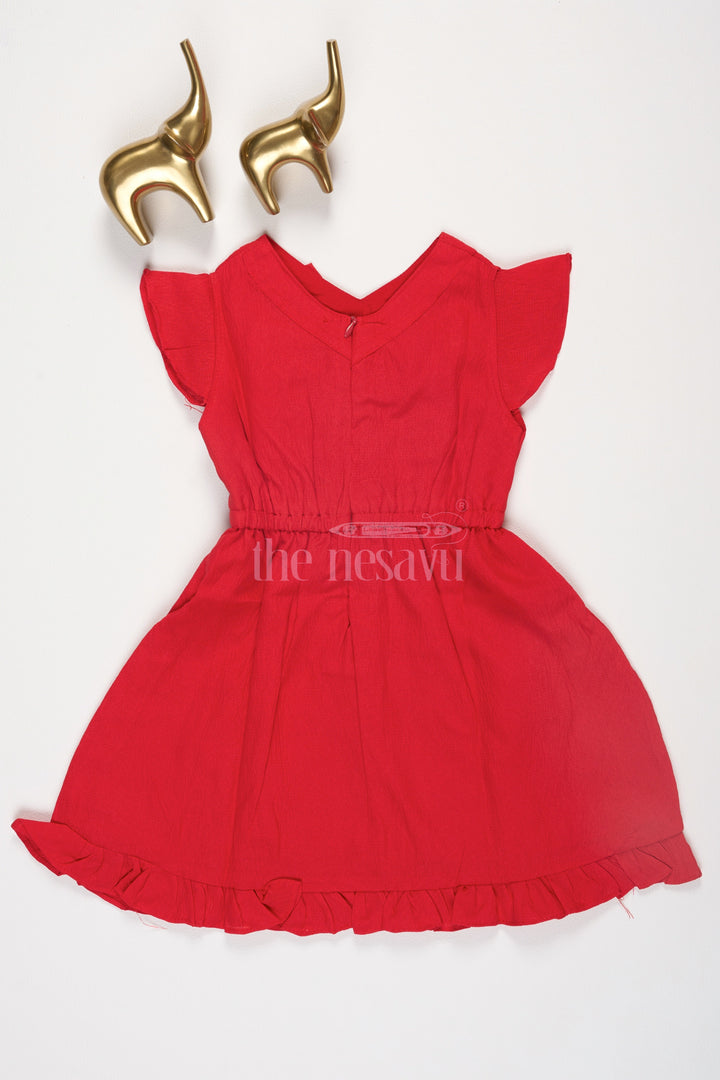 The Nesavu Baby Fancy Frock Girls Red Cotton Short Frock with Bow Detail for Festive Celebrations and Special Events Nesavu Nesavu Girls Red Cotton Frock Large Bow Ruffle Hem Holiday Parties Family Gatherings