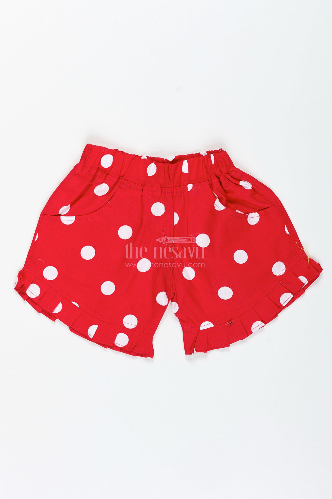 The Nesavu Girls Shorts Girls Red Cotton Shorts with Polka Dots for Summer Play and Outings Nesavu 22 (4Y) / Red LBW052A-22 Nesavu Girls Red Cotton Shorts Polka Dots Playful Comfy Bottoms Toddler Girls