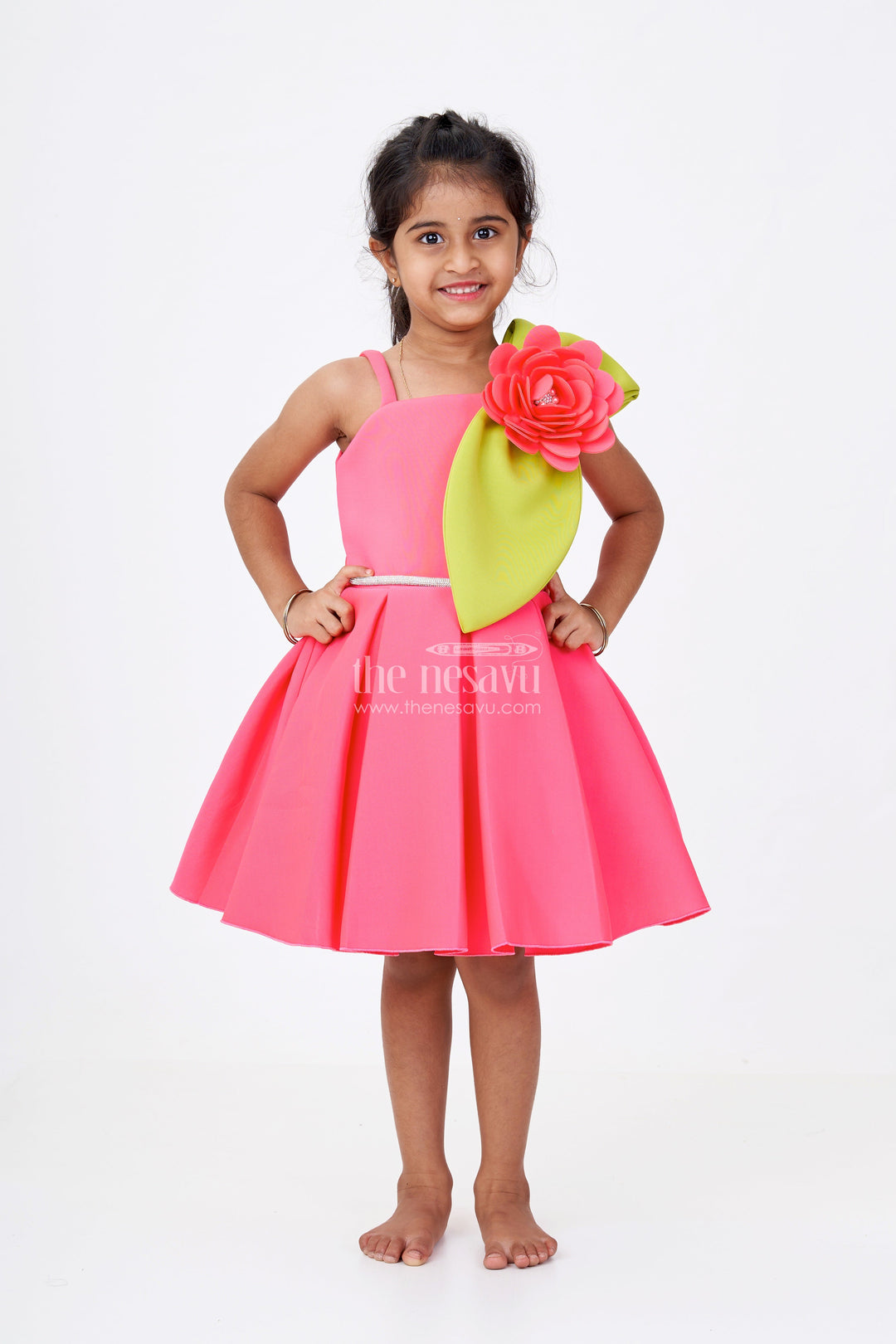 The Nesavu Girls Fancy Party Frock Girls Red Frock Party Wear in Pink Scuba Fabric with Floral Appliqué and Dramatic Green Leaf Accent Nesavu 16 (1Y) / Pink PF211A-16 Nesavu Girls Red Frock Party Wear Pink Scuba Floral Appliqu Green Leaf Accent Flared Skirt