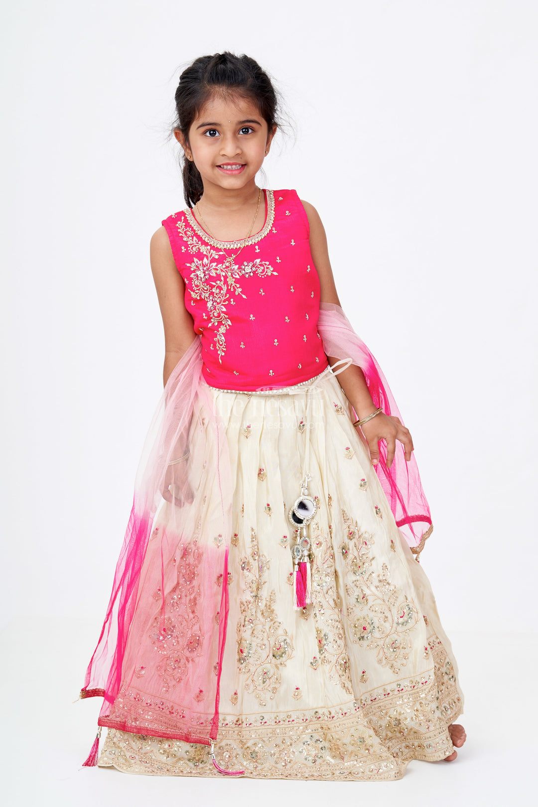 The Nesavu Girls Lehenga Choli Girls Red Lehenga Designs in Banarasi Kora Tissue Silk with Heavy Embroidery and Mirror Accents Nesavu 18 (2Y) / Cream GL618A-18 Red Lehenga Designs Girls Banarasi Kora Tissue Silk Heavy Embroidery Mirror Work | The Nesavu