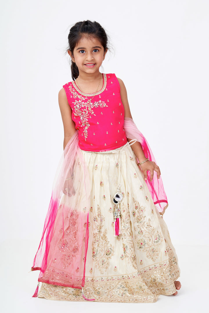 The Nesavu Girls Lehenga Choli Girls Red Lehenga Designs in Banarasi Kora Tissue Silk with Heavy Embroidery and Mirror Accents Nesavu 18 (2Y) / Cream GL618A-18 Red Lehenga Designs Girls Banarasi Kora Tissue Silk Heavy Embroidery Mirror Work | The Nesavu