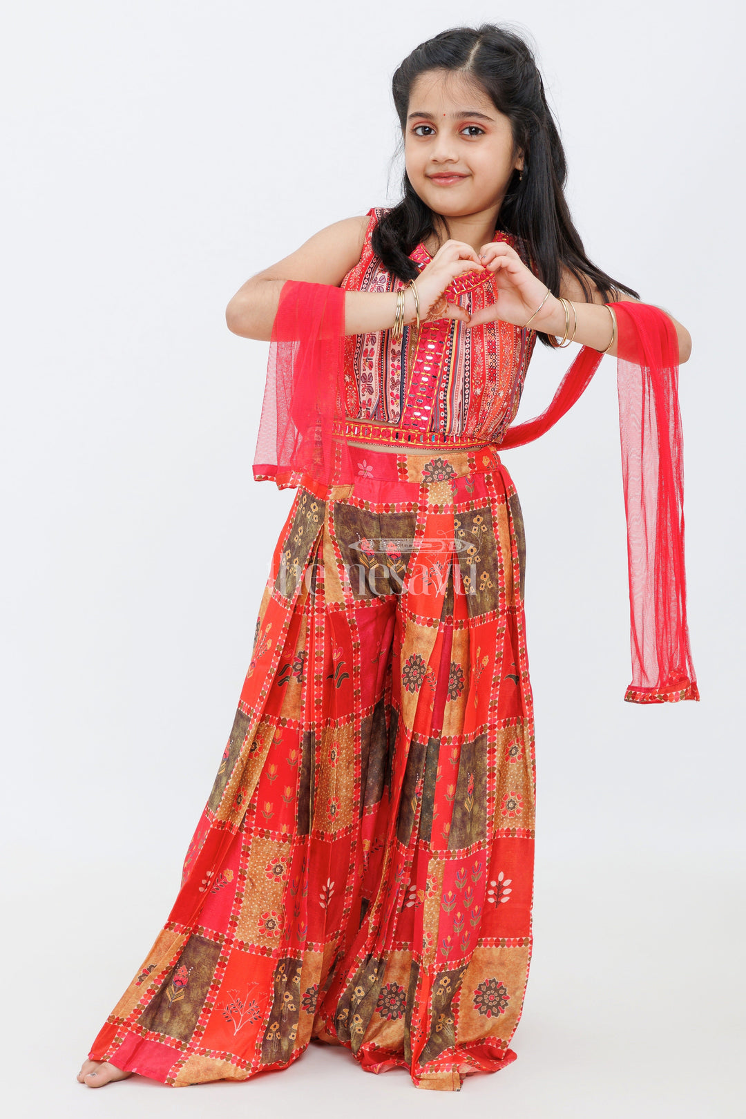 The Nesavu Girls Sharara / Plazo Set Girls Red Palazzo Set with Patchwork Crop Top and Embroidered Dupatta Nesavu 18 (2Y) / Red GPS399A-18 Nesavu Red Palazzo Set Girls Patchwork Crop Top Matching Embroidered Dupatta