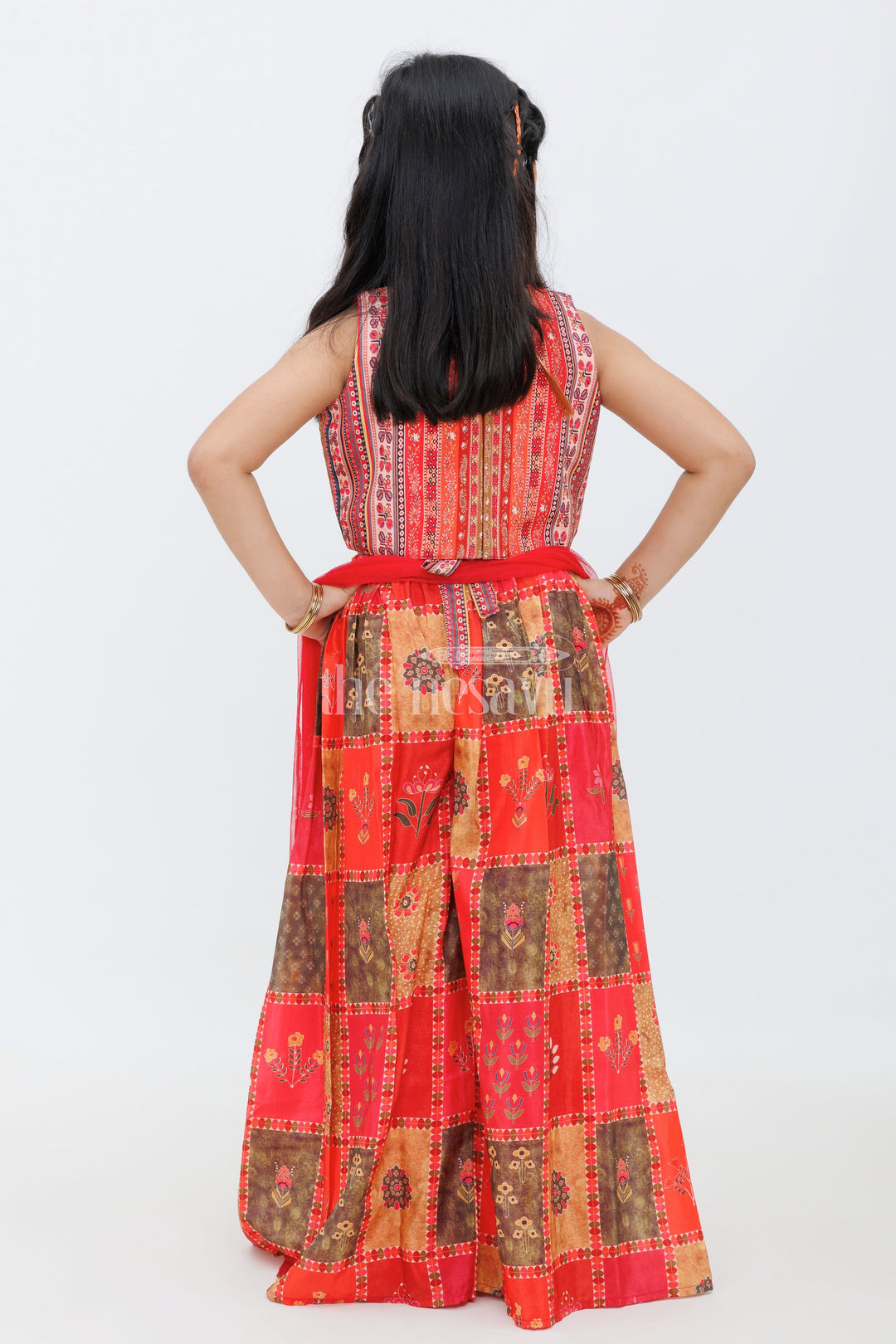 The Nesavu Girls Sharara / Plazo Set Girls Red Palazzo Set with Patchwork Crop Top and Embroidered Dupatta Nesavu Nesavu Red Palazzo Set Girls Patchwork Crop Top Matching Embroidered Dupatta