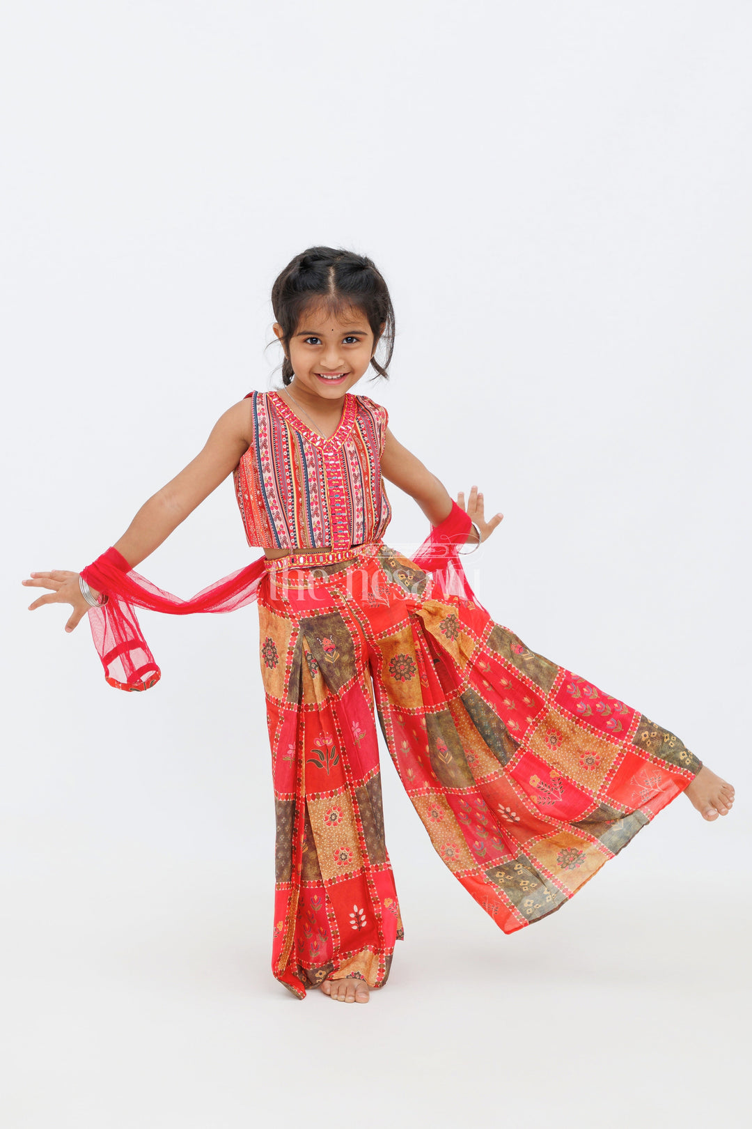 The Nesavu Girls Sharara / Plazo Set Girls Red Palazzo Set with Patchwork Crop Top and Embroidered Dupatta Nesavu Nesavu Red Palazzo Set Girls Patchwork Crop Top Matching Embroidered Dupatta