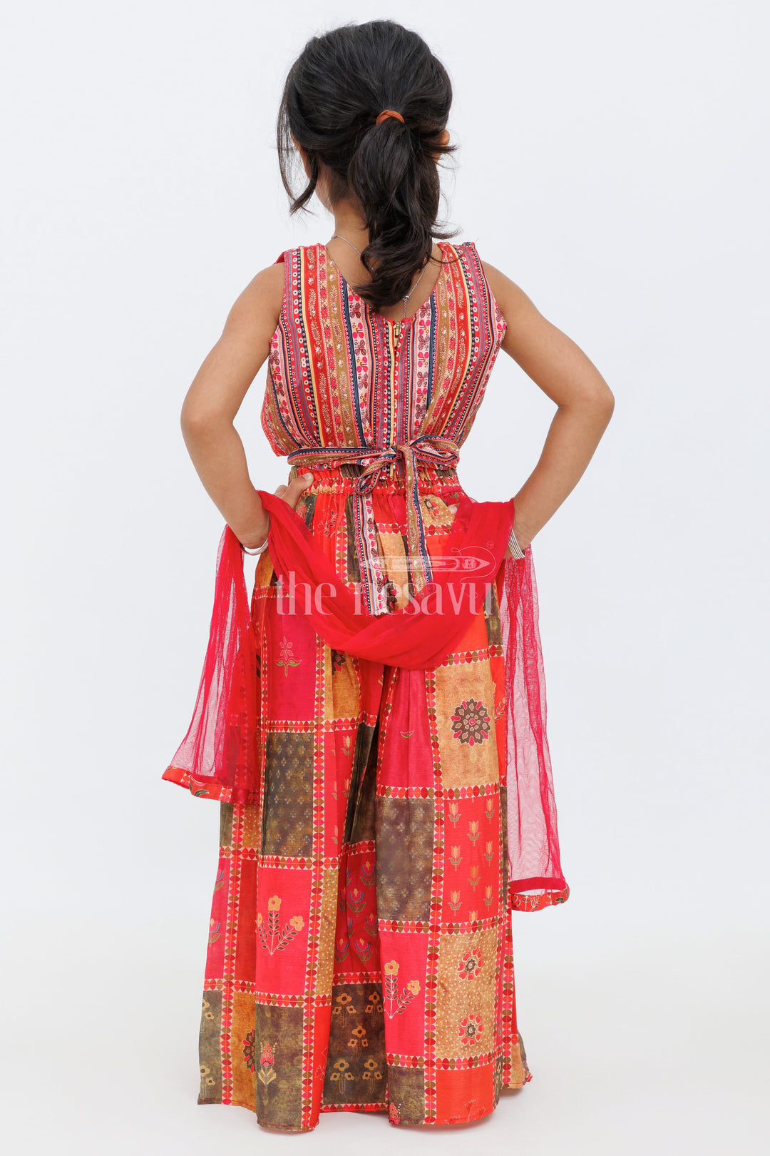 The Nesavu Girls Sharara / Plazo Set Girls Red Palazzo Set with Patchwork Crop Top and Embroidered Dupatta Nesavu Nesavu Red Palazzo Set Girls Patchwork Crop Top Matching Embroidered Dupatta