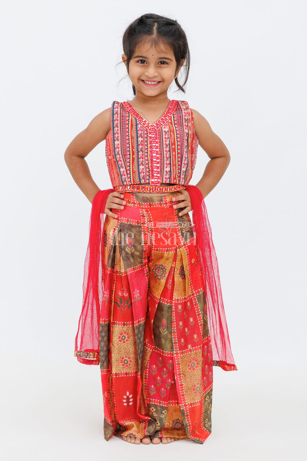 The Nesavu Girls Sharara / Plazo Set Girls Red Palazzo Set with Patchwork Crop Top and Embroidered Dupatta Nesavu Nesavu Red Palazzo Set Girls Patchwork Crop Top Matching Embroidered Dupatta