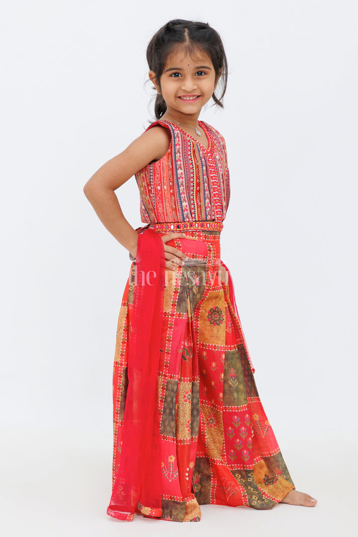 The Nesavu Girls Sharara / Plazo Set Girls Red Palazzo Set with Patchwork Crop Top and Embroidered Dupatta Nesavu Nesavu Red Palazzo Set Girls Patchwork Crop Top Matching Embroidered Dupatta