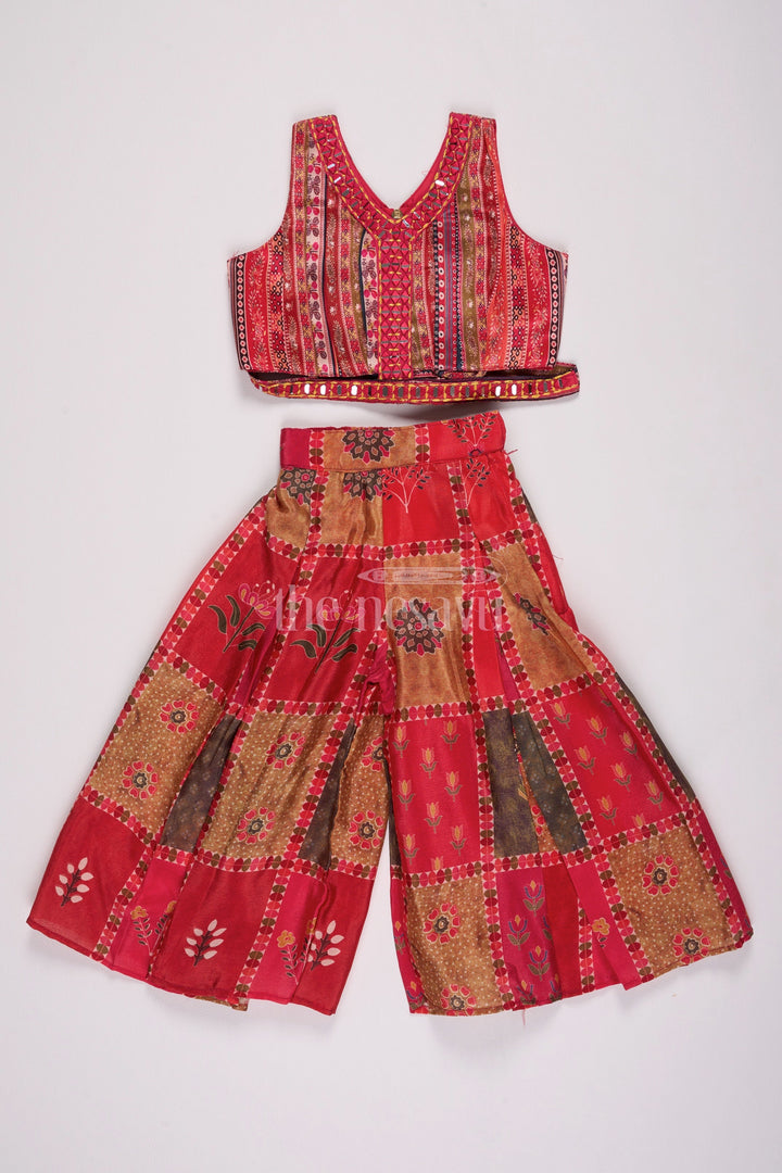 The Nesavu Girls Sharara / Plazo Set Girls Red Palazzo Set with Patchwork Crop Top and Embroidered Dupatta Nesavu Nesavu Red Palazzo Set Girls Patchwork Crop Top Matching Embroidered Dupatta