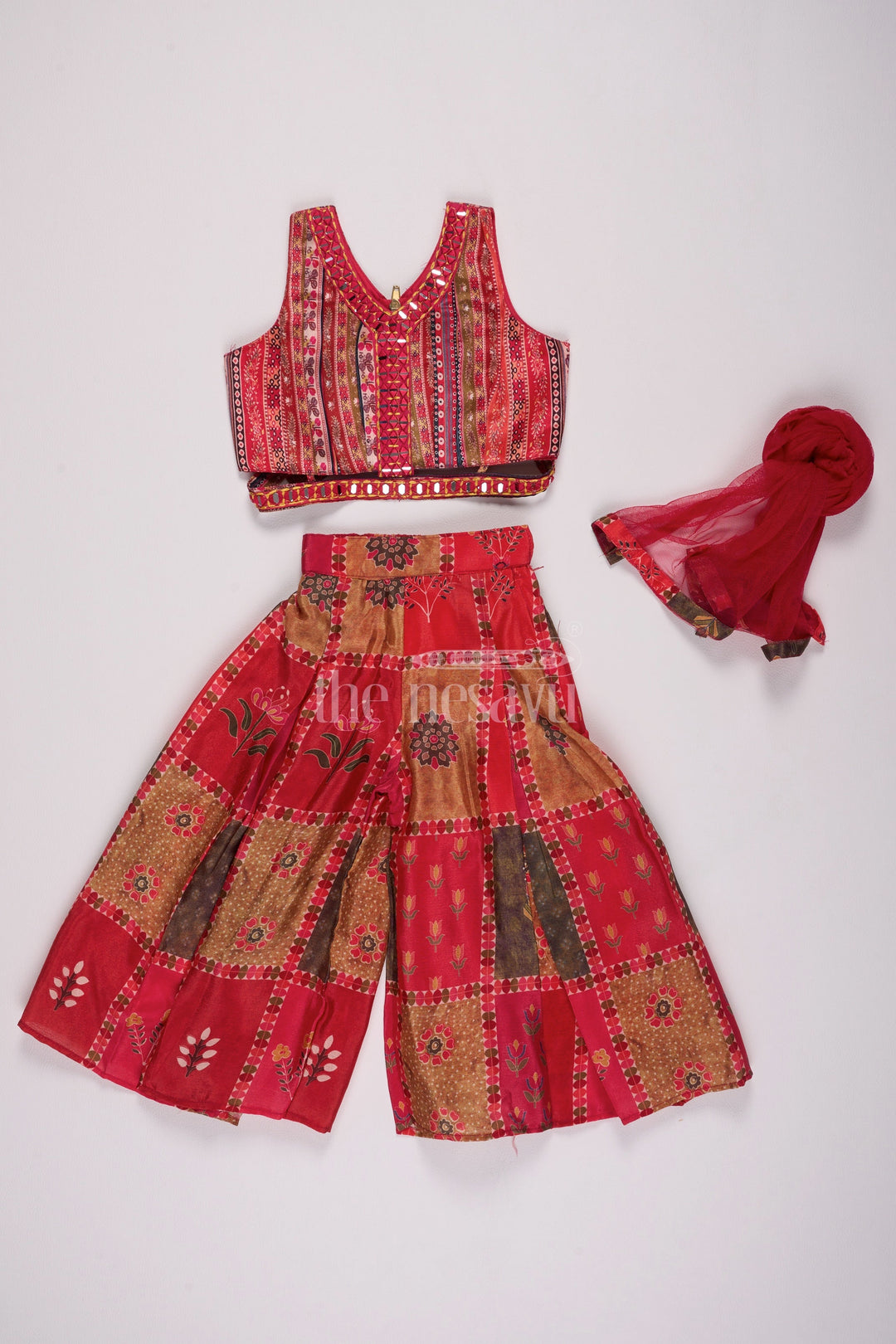 The Nesavu Girls Sharara / Plazo Set Girls Red Palazzo Set with Patchwork Crop Top and Embroidered Dupatta Nesavu Nesavu Red Palazzo Set Girls Patchwork Crop Top Matching Embroidered Dupatta