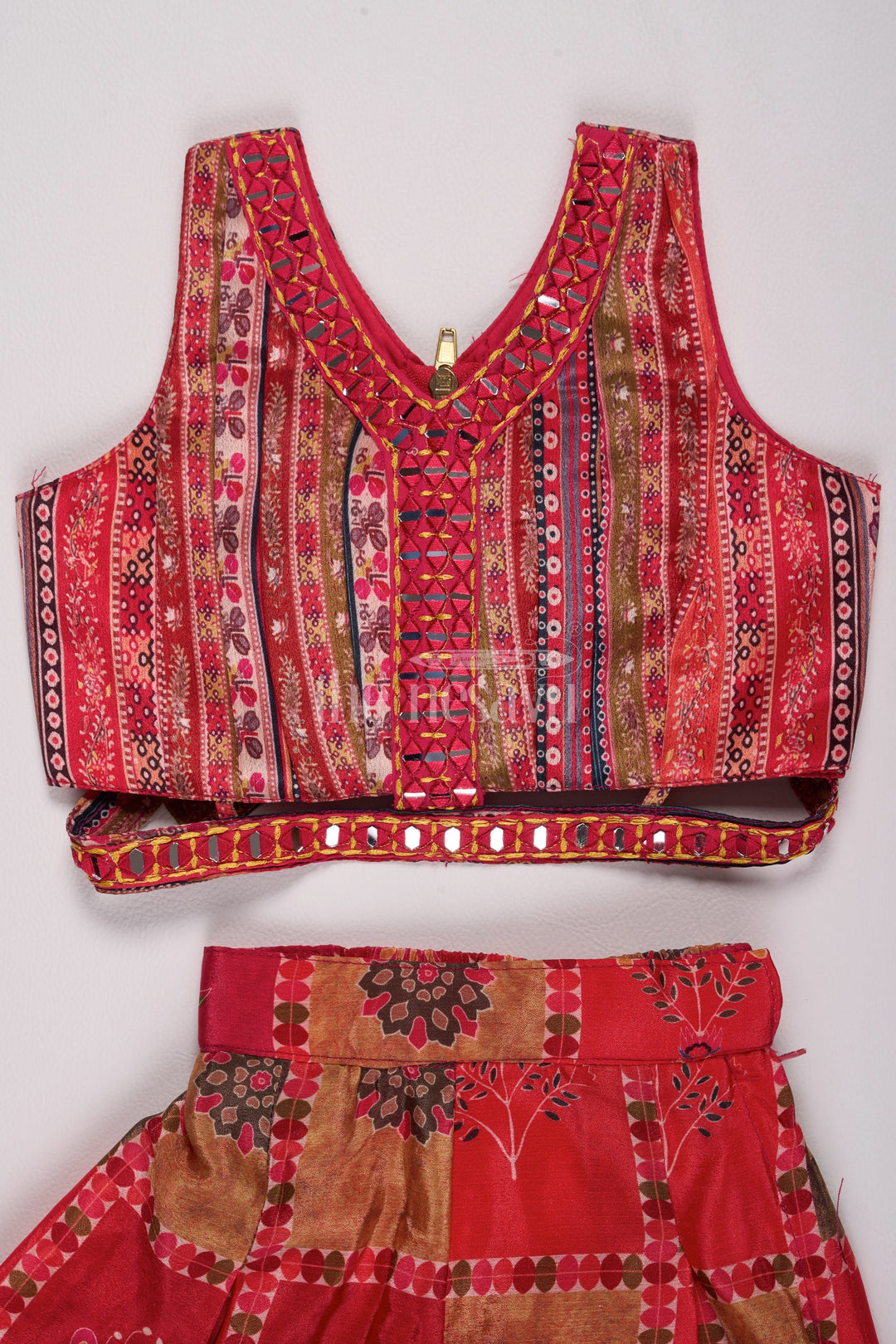 The Nesavu Girls Sharara / Plazo Set Girls Red Palazzo Set with Patchwork Crop Top and Embroidered Dupatta Nesavu Nesavu Red Palazzo Set Girls Patchwork Crop Top Matching Embroidered Dupatta