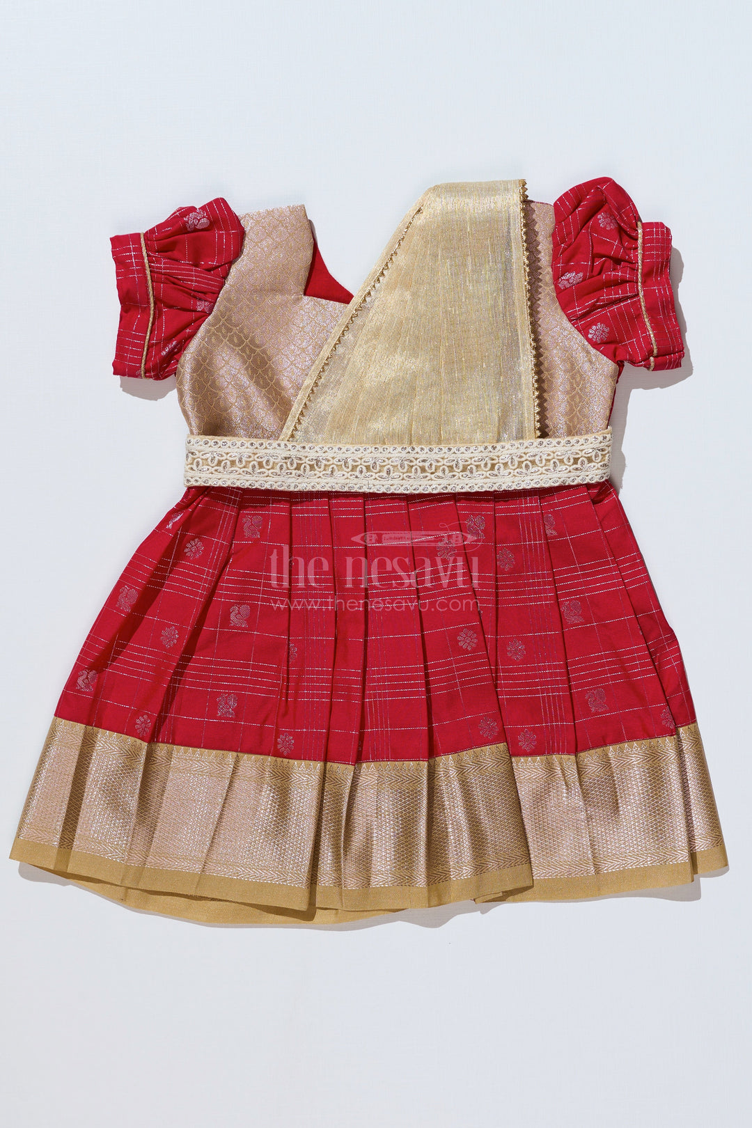 The Nesavu Girls Kanchi Silk Frock Girls Red Pattu Pavadai with Golden Zari Border and Pleated Design Available Online Nesavu 14 (6M) / Red / Style 3 SF837CC-14 Girls Red Pattu Pavadai Golden Zari Border Pleated Skirt Available Online | The Nesavu
