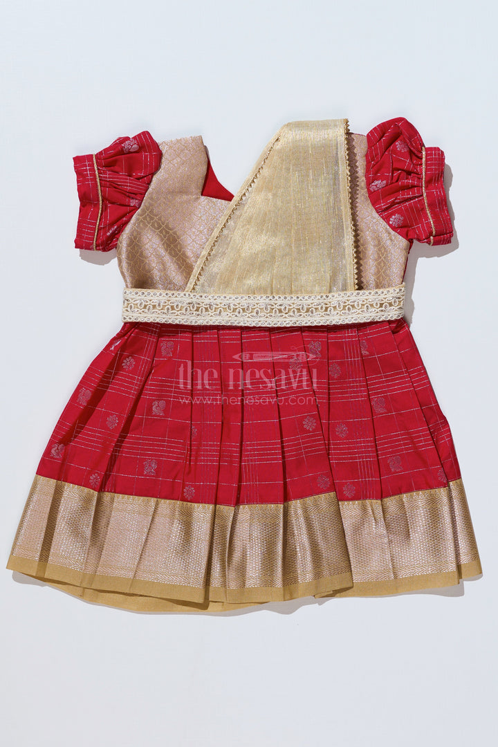 The Nesavu Girls Kanchi Silk Frock Girls Red Pattu Pavadai with Golden Zari Border and Pleated Design Available Online Nesavu 14 (6M) / Red / Style 3 SF837CC-14 Girls Red Pattu Pavadai Golden Zari Border Pleated Skirt Available Online | The Nesavu