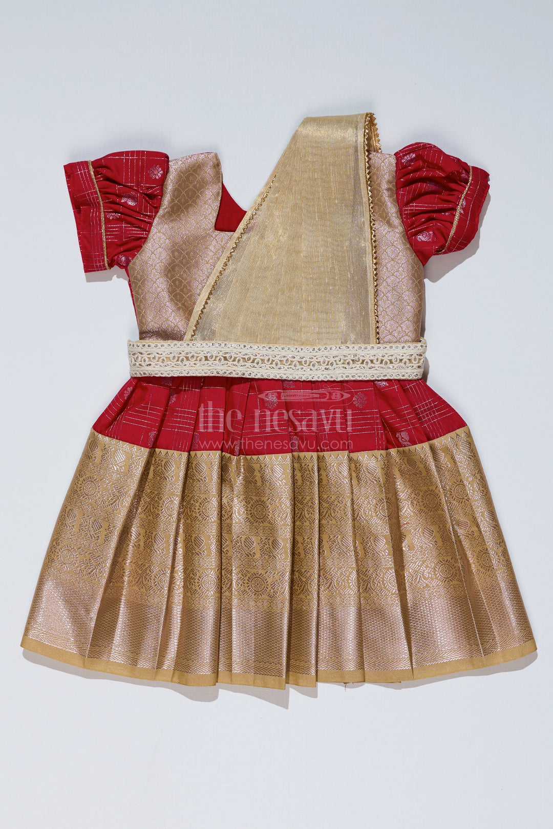 The Nesavu Girls Kanchi Silk Frock Girls Red Pattu Pavadai with Golden Zari Border and Pleated Design Available Online Nesavu 16 (1Y) / Red / Style 1 SF837CA-16 Nesavu Girls Red Pattu Pavadai Golden Zari Border Pleated Skirt Available Online