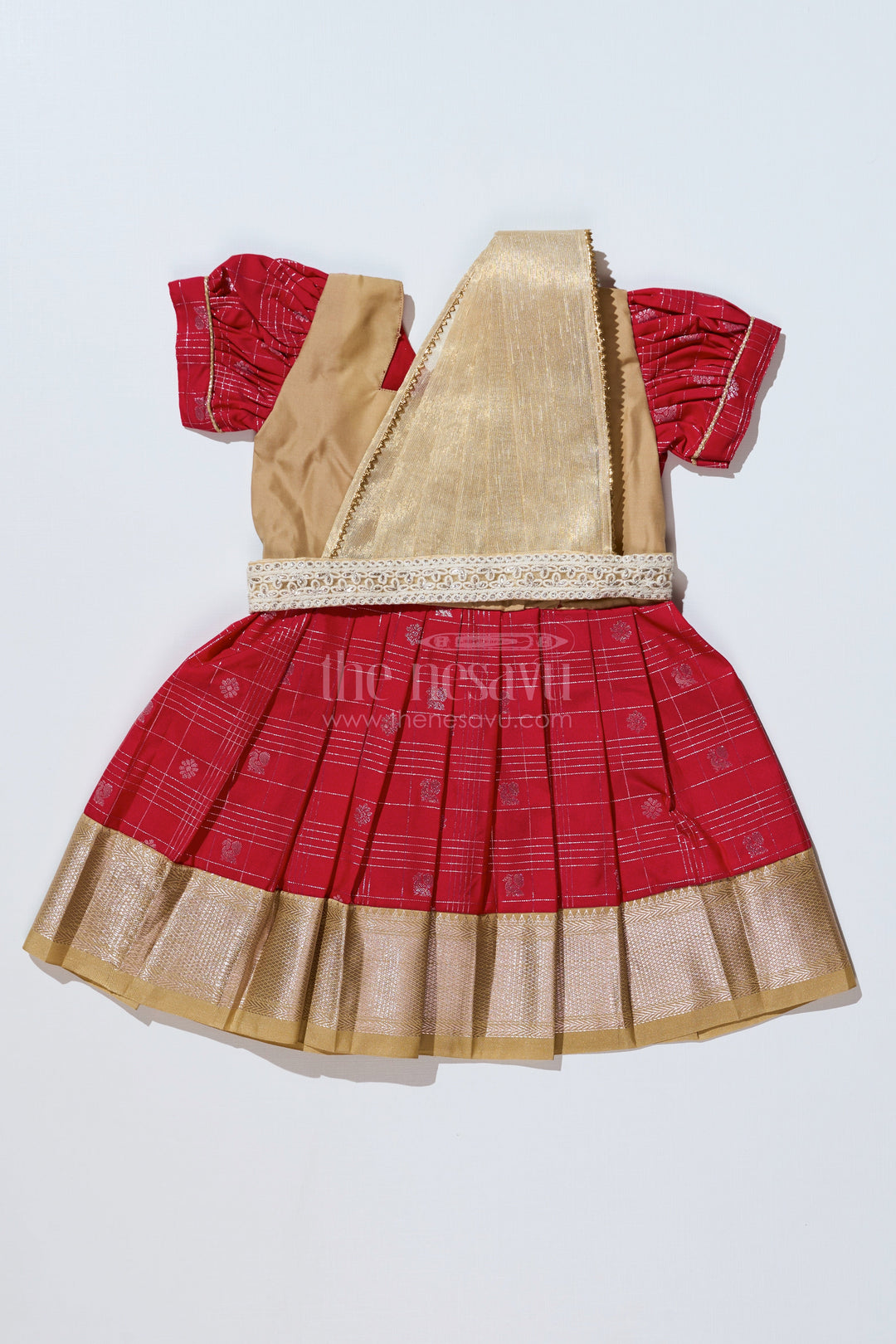 The Nesavu Girls Kanchi Silk Frock Girls Red Pattu Pavadai with Golden Zari Border and Pleated Design Available Online Nesavu 16 (1Y) / Red / Style 4 SF837CD-16 Girls Red Pattu Pavadai Golden Zari Border Pleated Skirt Available Online | The Nesavu