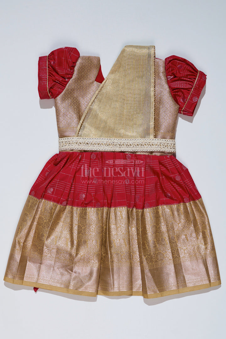 The Nesavu Girls Kanchi Silk Frock Girls Red Pattu Pavadai with Golden Zari Border and Pleated Design Available Online Nesavu 20 (3Y) / Red / Style 2 SF837CB-20 Nesavu Girls Red Pattu Pavadai Golden Zari Border Pleated Skirt Available Online