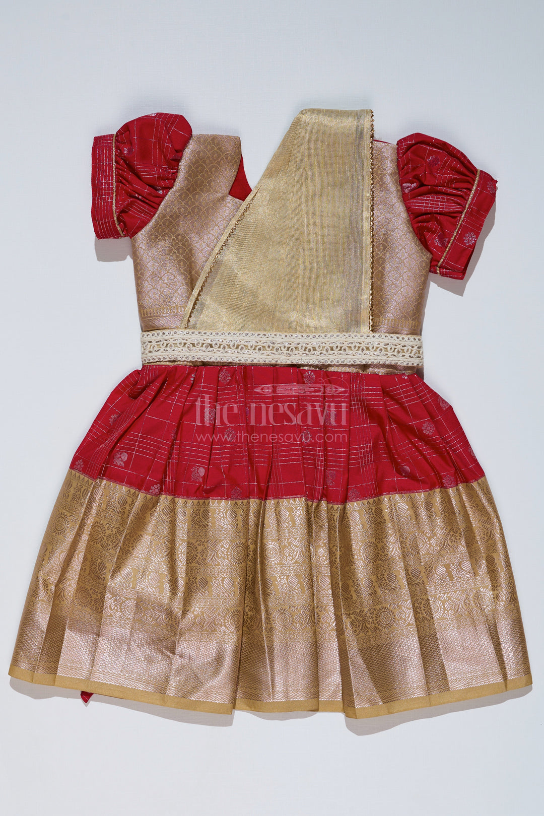 The Nesavu Girls Kanchi Silk Frock Girls Red Pattu Pavadai with Golden Zari Border and Pleated Design Available Online Nesavu 20 (3Y) / Red / Style 2 SF837CB-20 Nesavu Girls Red Pattu Pavadai Golden Zari Border Pleated Skirt Available Online