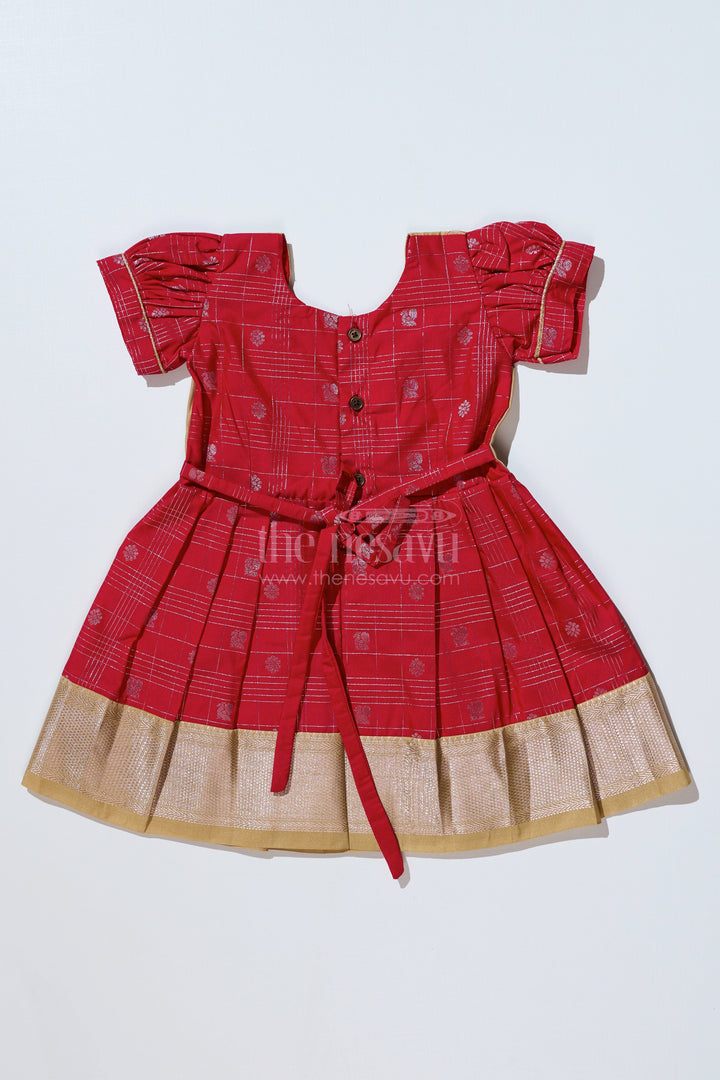 The Nesavu Girls Kanchi Silk Frock Girls Red Pattu Pavadai with Golden Zari Border and Pleated Design Available Online Nesavu Girls Red Pattu Pavadai Golden Zari Border Pleated Skirt Available Online | The Nesavu