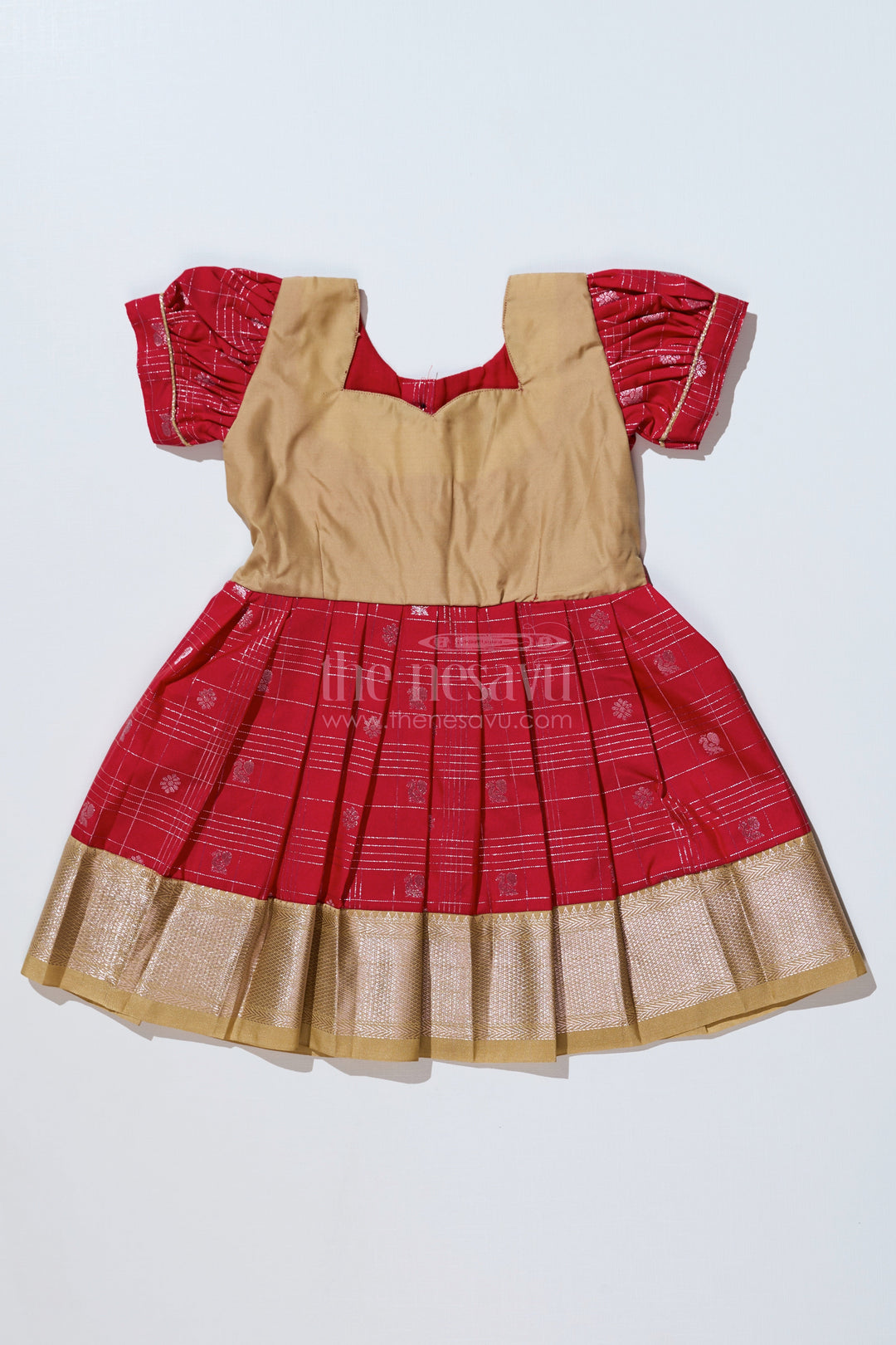 The Nesavu Girls Kanchi Silk Frock Girls Red Pattu Pavadai with Golden Zari Border and Pleated Design Available Online Nesavu Girls Red Pattu Pavadai Golden Zari Border Pleated Skirt Available Online | The Nesavu