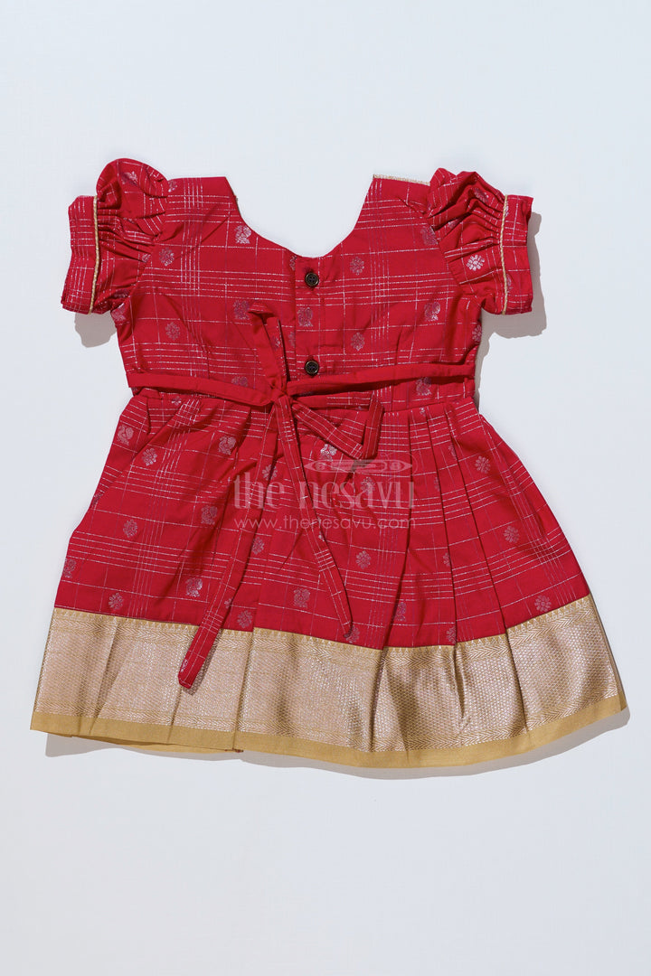 The Nesavu Girls Kanchi Silk Frock Girls Red Pattu Pavadai with Golden Zari Border and Pleated Design Available Online Nesavu Girls Red Pattu Pavadai Golden Zari Border Pleated Skirt Available Online | The Nesavu