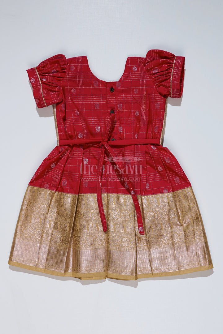 The Nesavu Girls Kanchi Silk Frock Girls Red Pattu Pavadai with Golden Zari Border and Pleated Design Available Online Nesavu Girls Red Pattu Pavadai Golden Zari Border Pleated Skirt Available Online | The Nesavu