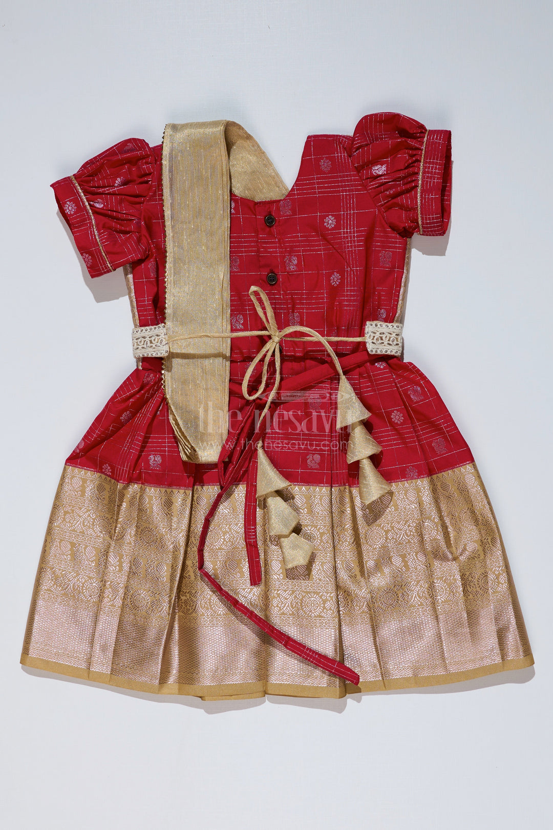 The Nesavu Girls Kanchi Silk Frock Girls Red Pattu Pavadai with Golden Zari Border and Pleated Design Available Online Nesavu Girls Red Pattu Pavadai Golden Zari Border Pleated Skirt Available Online | The Nesavu