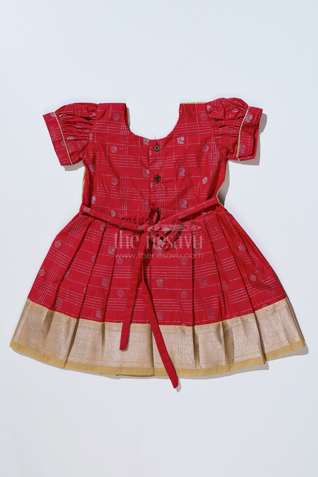 The Nesavu Girls Kanchi Silk Frock Girls Red Pattu Pavadai with Golden Zari Border and Pleated Design Available Online Nesavu Nesavu Girls Red Pattu Pavadai Golden Zari Border Pleated Skirt Available Online