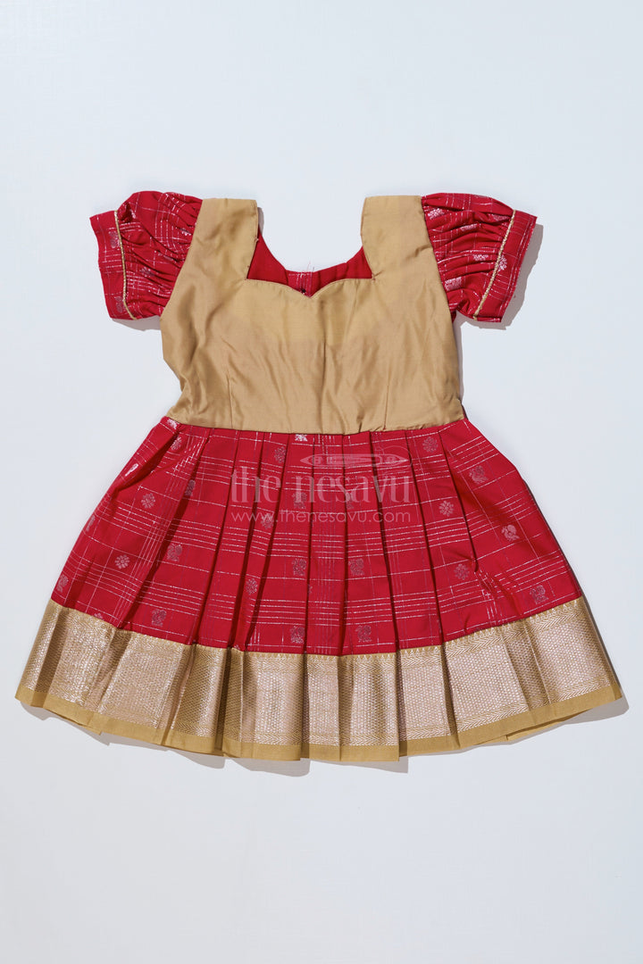 The Nesavu Girls Kanchi Silk Frock Girls Red Pattu Pavadai with Golden Zari Border and Pleated Design Available Online Nesavu Nesavu Girls Red Pattu Pavadai Golden Zari Border Pleated Skirt Available Online