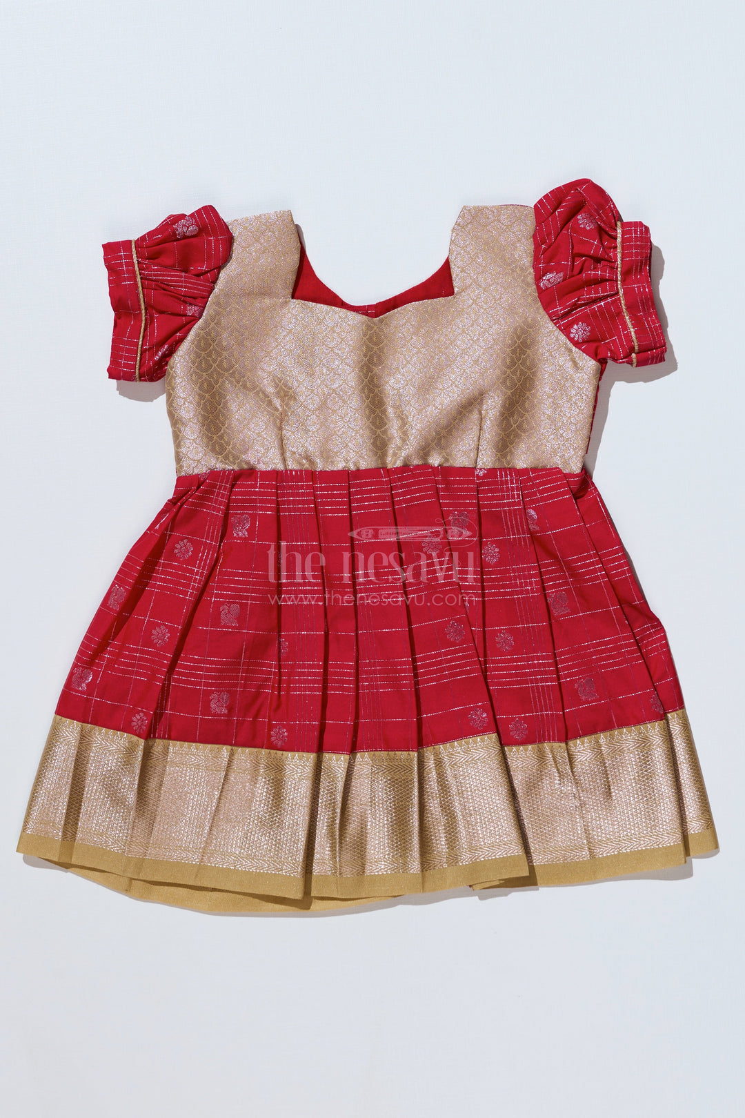 The Nesavu Girls Kanchi Silk Frock Girls Red Pattu Pavadai with Golden Zari Border and Pleated Design Available Online Nesavu Nesavu Girls Red Pattu Pavadai Golden Zari Border Pleated Skirt Available Online