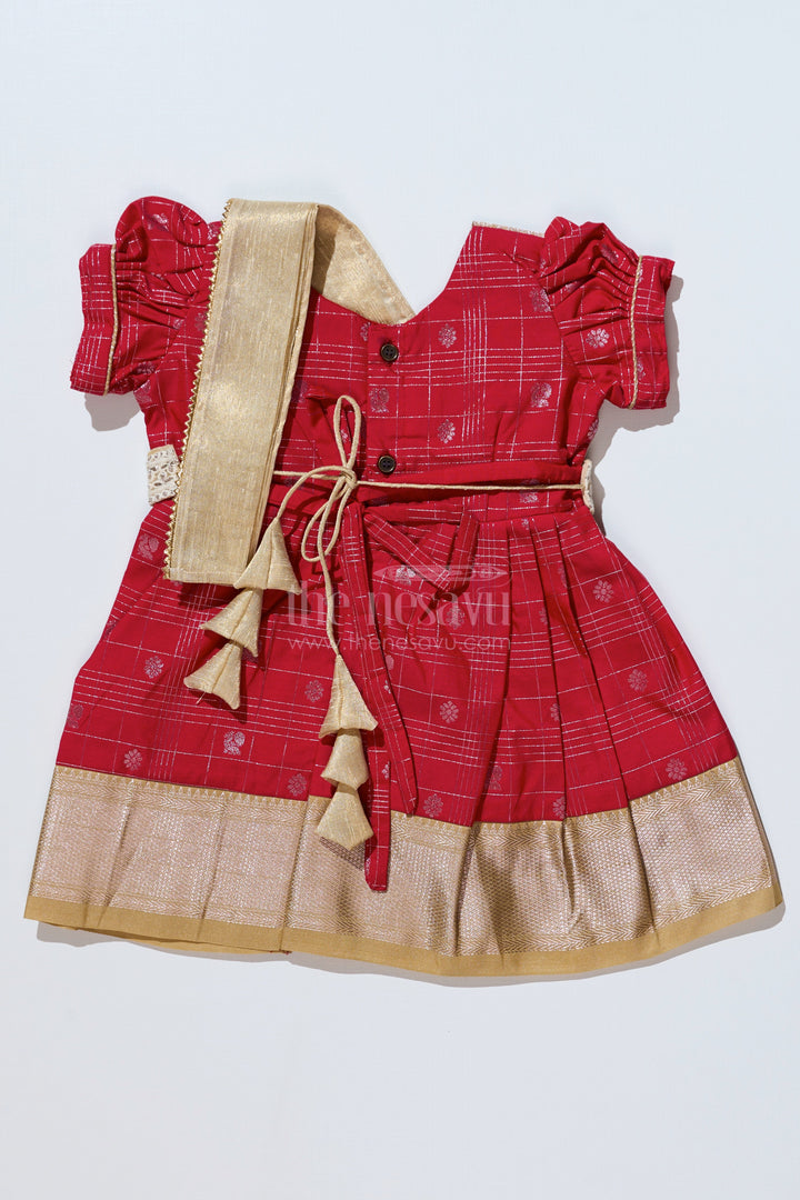The Nesavu Girls Kanchi Silk Frock Girls Red Pattu Pavadai with Golden Zari Border and Pleated Design Available Online Nesavu Nesavu Girls Red Pattu Pavadai Golden Zari Border Pleated Skirt Available Online
