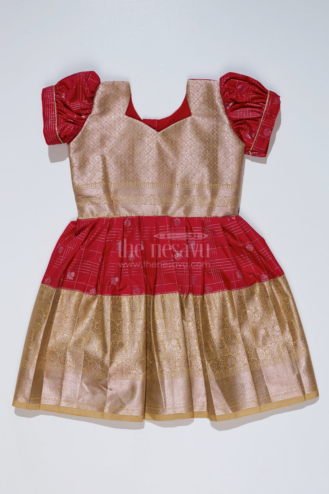 The Nesavu Girls Kanchi Silk Frock Girls Red Pattu Pavadai with Golden Zari Border and Pleated Design Available Online Nesavu Nesavu Girls Red Pattu Pavadai Golden Zari Border Pleated Skirt Available Online