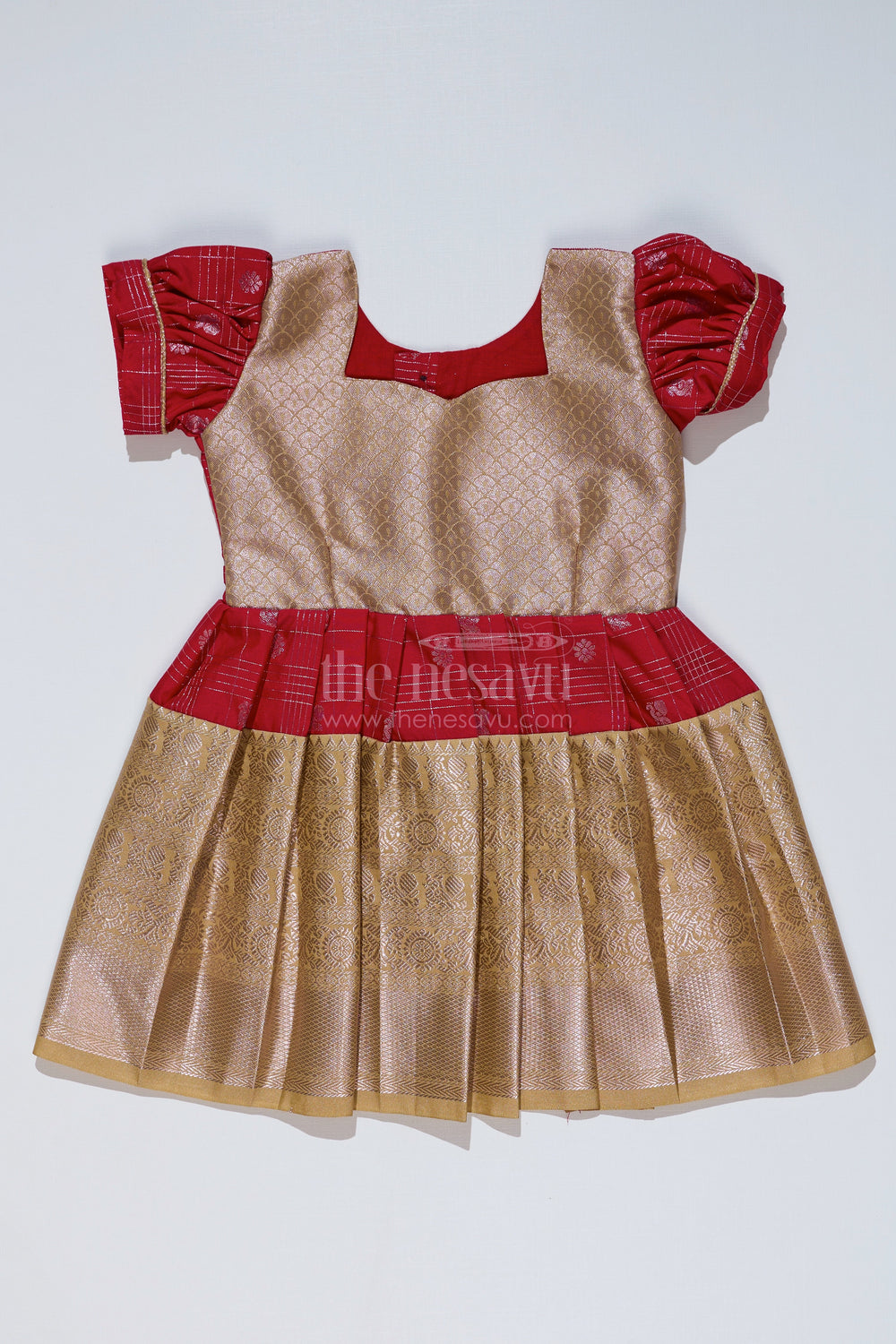 The Nesavu Girls Kanchi Silk Frock Girls Red Pattu Pavadai with Golden Zari Border and Pleated Design Available Online Nesavu Nesavu Girls Red Pattu Pavadai Golden Zari Border Pleated Skirt Available Online