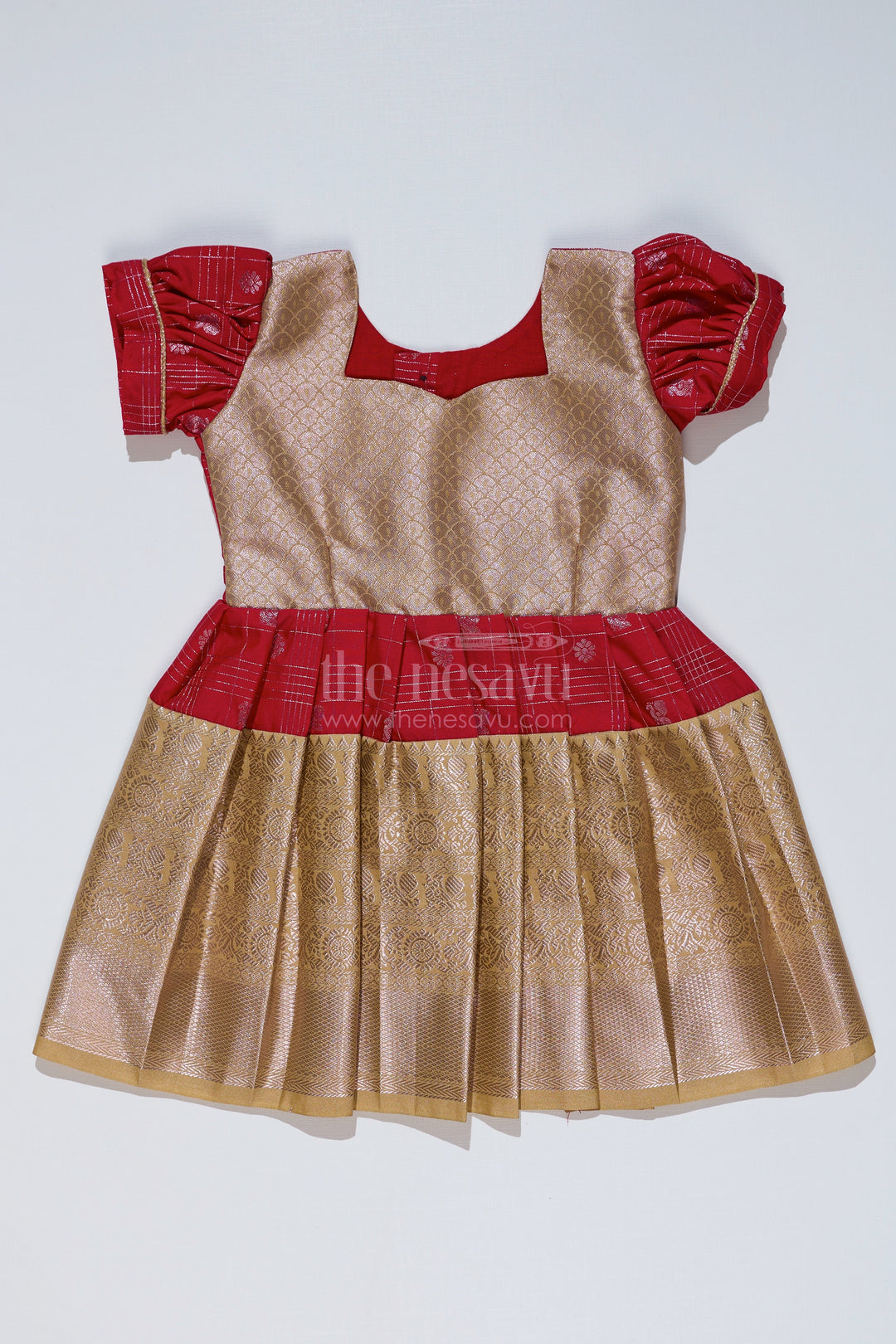 The Nesavu Girls Kanchi Silk Frock Girls Red Pattu Pavadai with Golden Zari Border and Pleated Design Available Online Nesavu Nesavu Girls Red Pattu Pavadai Golden Zari Border Pleated Skirt Available Online
