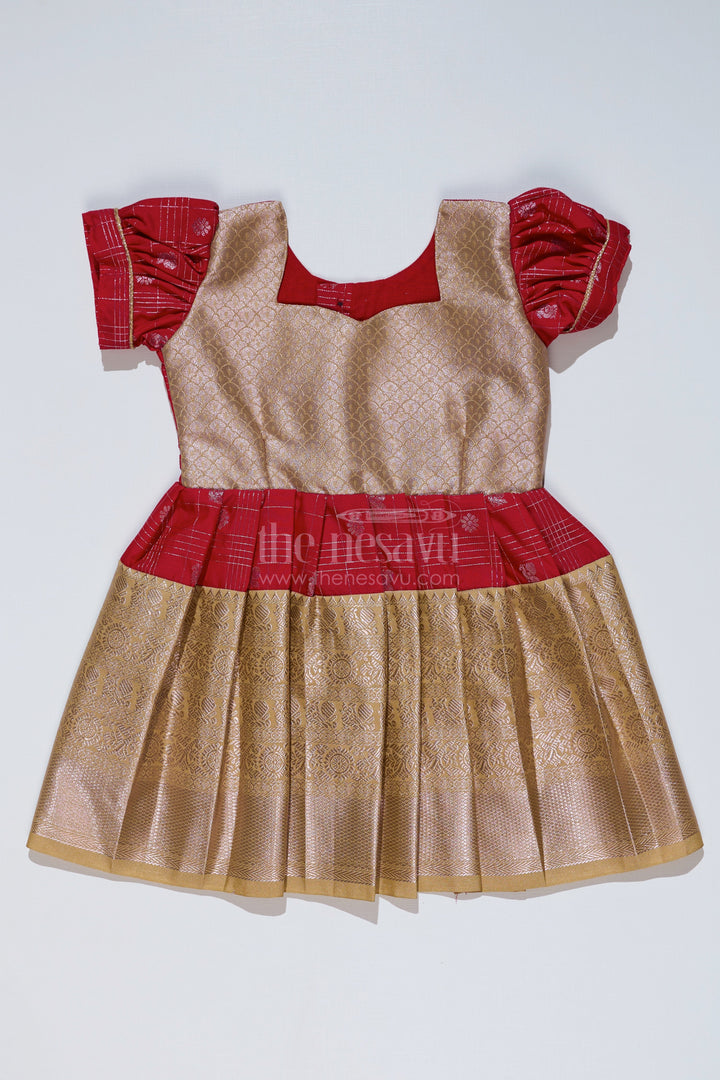 The Nesavu Girls Kanchi Silk Frock Girls Red Pattu Pavadai with Golden Zari Border and Pleated Design Available Online Nesavu Nesavu Girls Red Pattu Pavadai Golden Zari Border Pleated Skirt Available Online