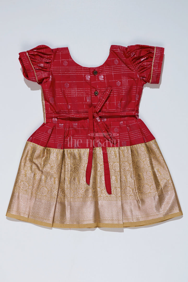 The Nesavu Girls Kanchi Silk Frock Girls Red Pattu Pavadai with Golden Zari Border and Pleated Design Available Online Nesavu Nesavu Girls Red Pattu Pavadai Golden Zari Border Pleated Skirt Available Online