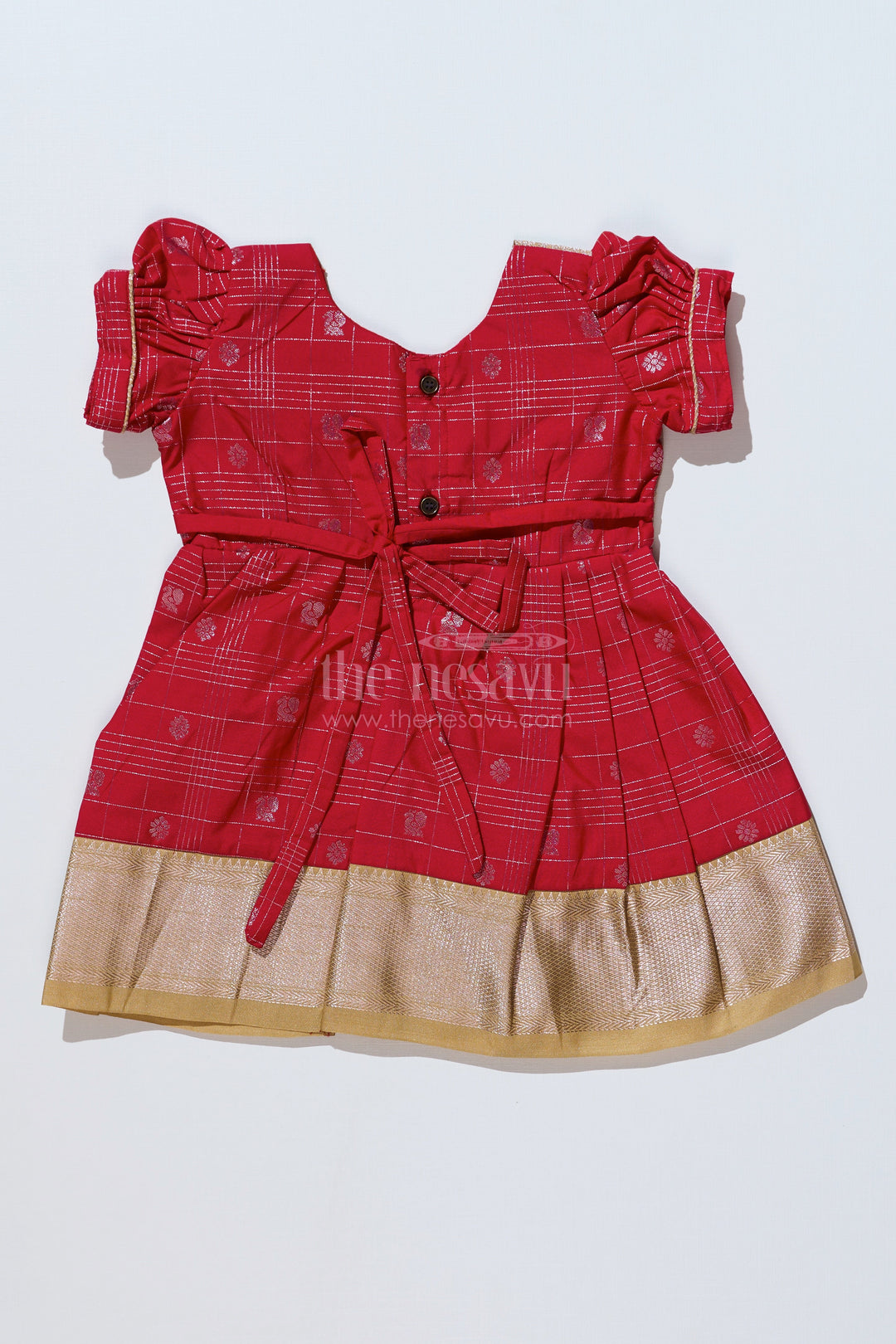 The Nesavu Girls Kanchi Silk Frock Girls Red Pattu Pavadai with Golden Zari Border and Pleated Design Available Online Nesavu Nesavu Girls Red Pattu Pavadai Golden Zari Border Pleated Skirt Available Online