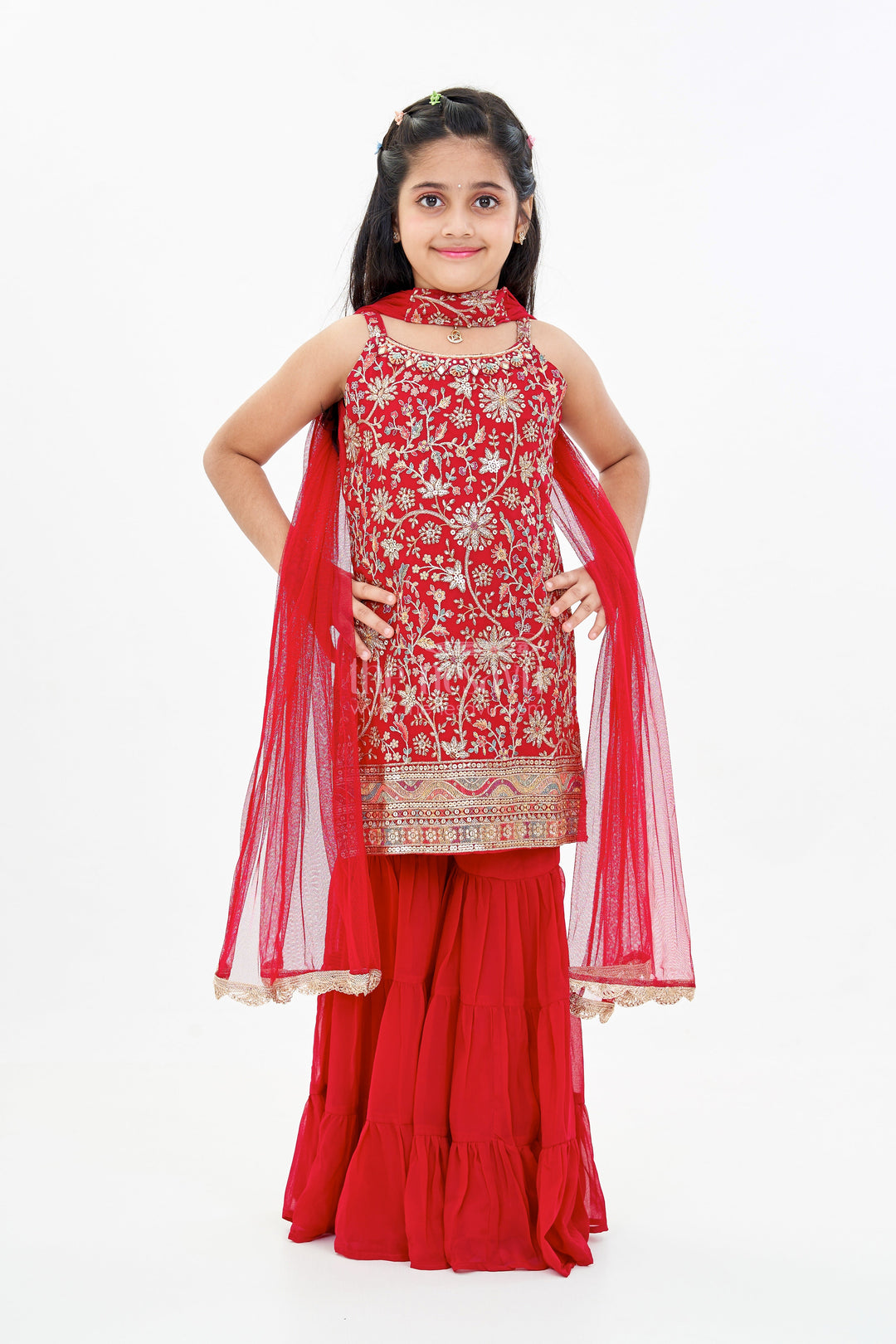 The Nesavu Girls Sharara / Plazo Set Girls Red Plazo Set with Embroidered Top and Flowy Georgette Bottoms for Festive Wear Nesavu Girls Red Plazo Set Embroidered Top Layered Palazzo Pants Festive Wear | The Nesavu