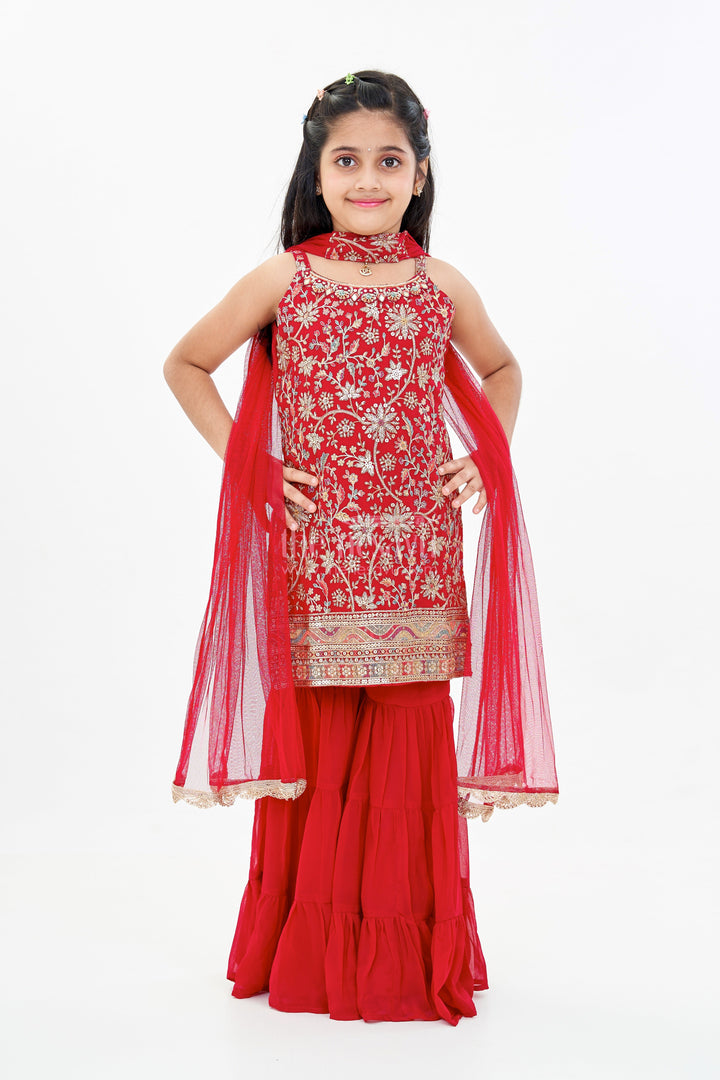 The Nesavu Girls Sharara / Plazo Set Girls Red Plazo Set with Embroidered Top and Flowy Georgette Bottoms for Festive Wear Nesavu Girls Red Plazo Set Embroidered Top Layered Palazzo Pants Festive Wear | The Nesavu