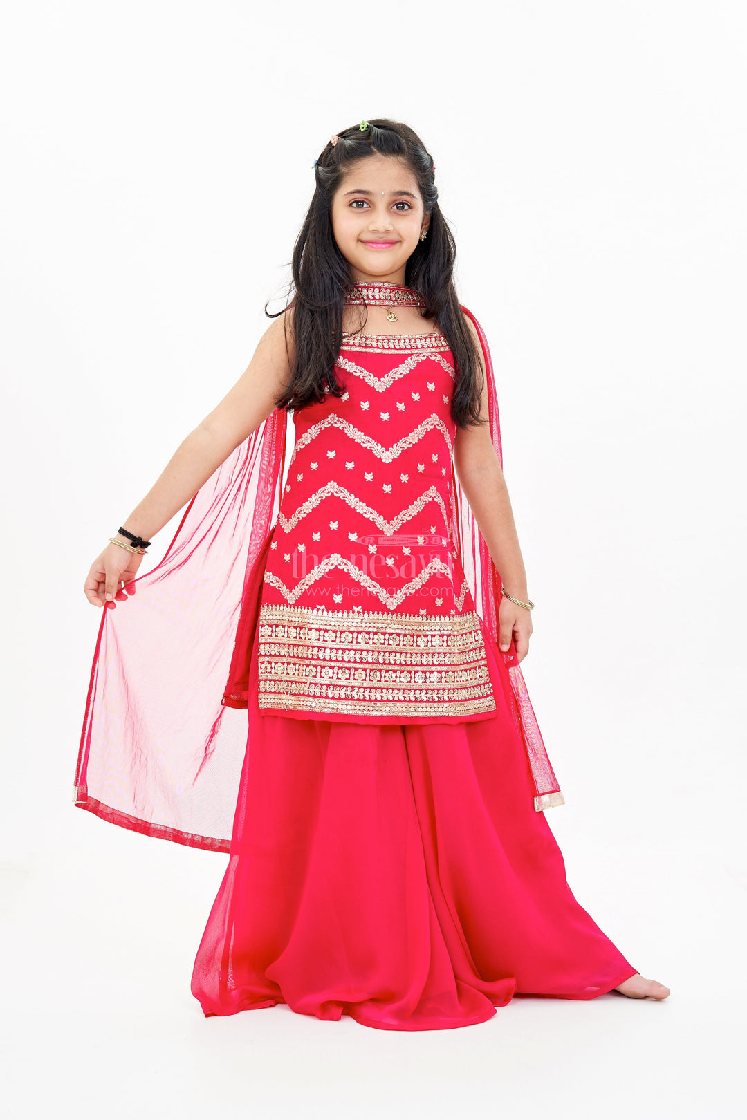 The Nesavu Girls Sharara / Plazo Set Girls Red Plazo with Embellished Top and Dupatta in Georgette for Festive Glam Nesavu 28 (7Y) / Red GPS554A-28 Girls Red Plazo Embellished Top Dupatta Georgette Festive Celebrations | The Nesavu
