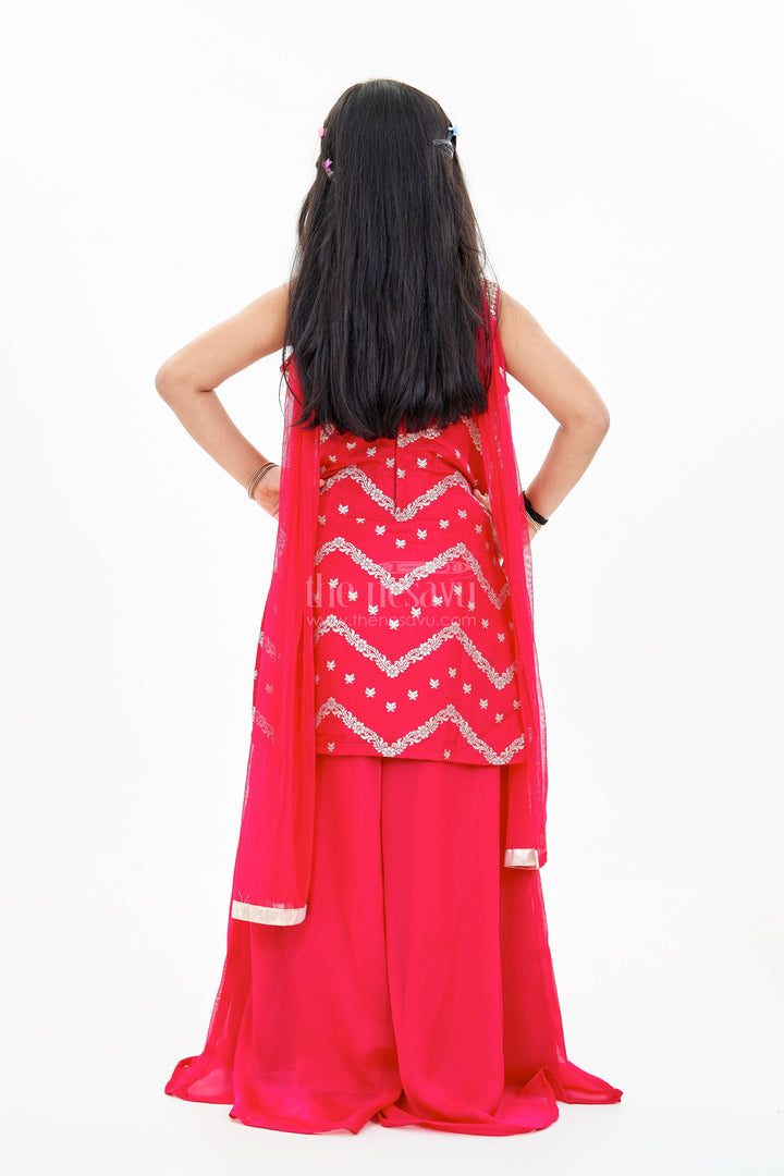 The Nesavu Girls Sharara / Plazo Set Girls Red Plazo with Embellished Top and Dupatta in Georgette for Festive Glam Nesavu Girls Red Plazo Embellished Top Dupatta Georgette Festive Celebrations | The Nesavu