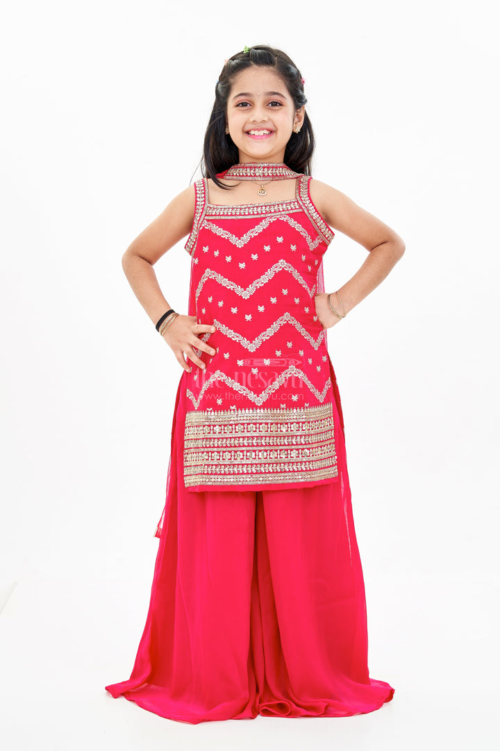 The Nesavu Girls Sharara / Plazo Set Girls Red Plazo with Embellished Top and Dupatta in Georgette for Festive Glam Nesavu Girls Red Plazo Embellished Top Dupatta Georgette Festive Celebrations | The Nesavu