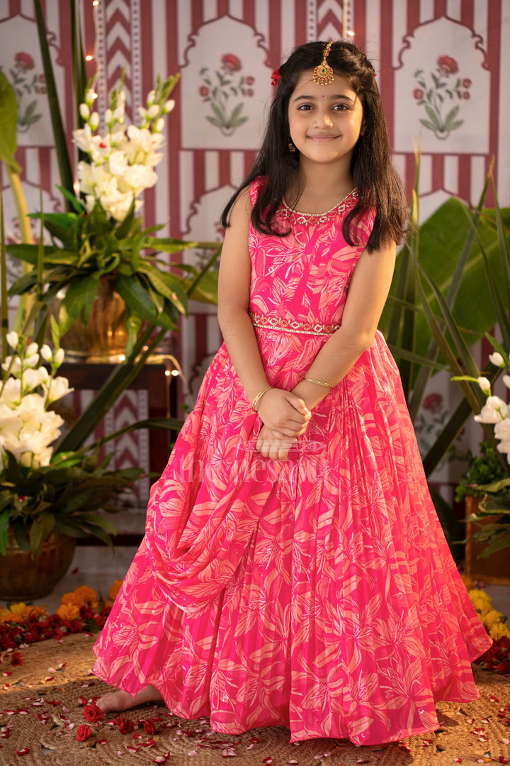 The Nesavu Girls Party Gown Girls Red Printed Party Gown with Embellished Neckline and Flared Skirt for Weddings and Celebrations Nesavu 24 (5Y) / Red GA255A-24 Nesavu Girls Red Georgette Party Gown Embellished Neckline Flared Skirt Weddings