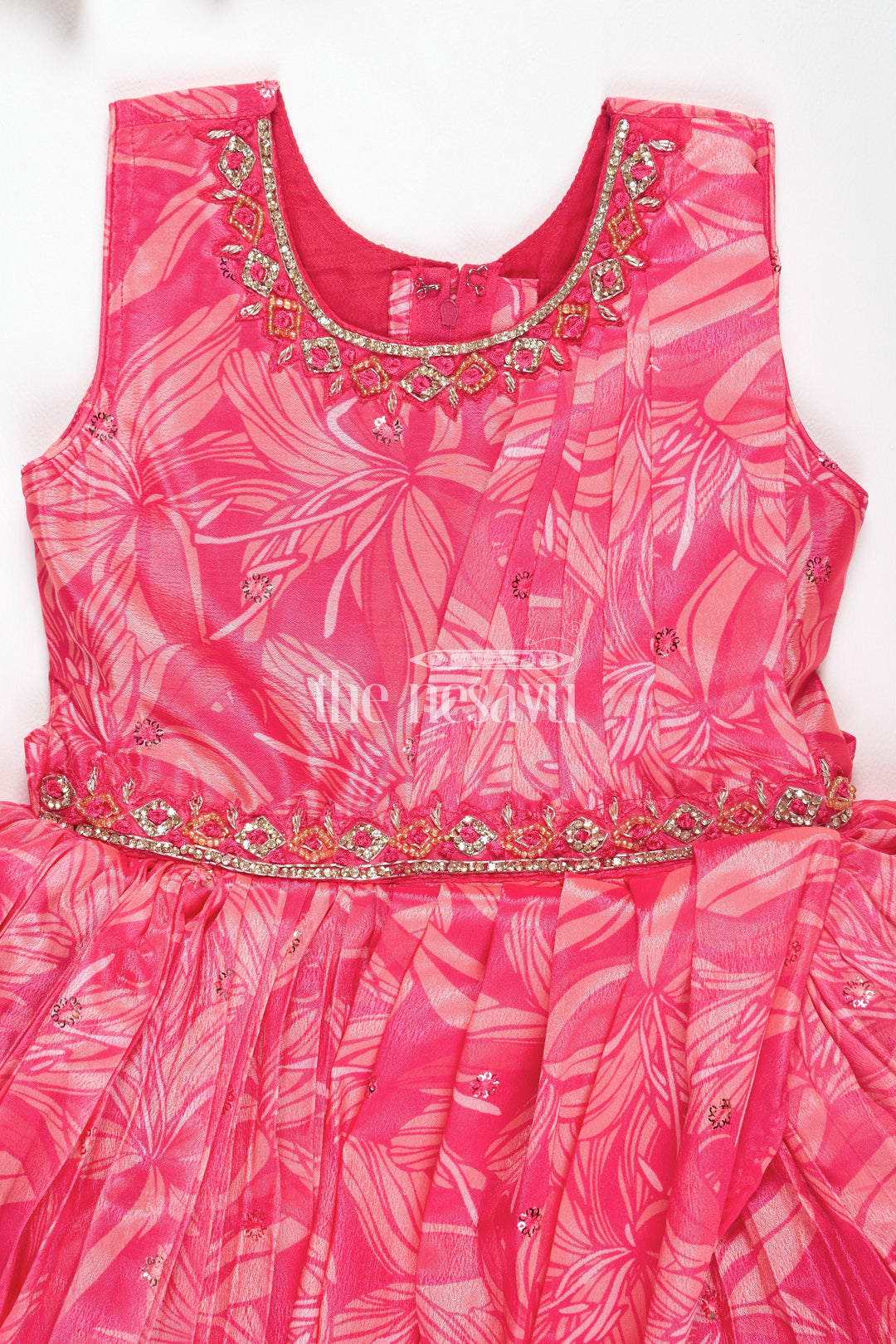 The Nesavu Girls Party Gown Girls Red Printed Party Gown with Embellished Neckline and Flared Skirt for Weddings and Celebrations Nesavu Nesavu Girls Red Georgette Party Gown Embellished Neckline Flared Skirt Weddings