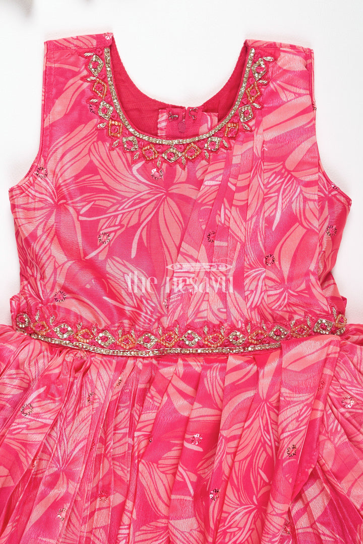 The Nesavu Girls Party Gown Girls Red Printed Party Gown with Embellished Neckline and Flared Skirt for Weddings and Celebrations Nesavu Nesavu Girls Red Georgette Party Gown Embellished Neckline Flared Skirt Weddings