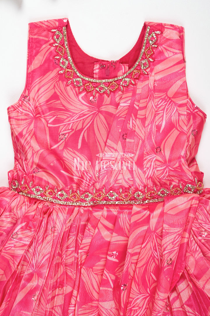 The Nesavu Girls Party Gown Girls Red Printed Party Gown with Embellished Neckline and Flared Skirt for Weddings and Celebrations Nesavu Nesavu Girls Red Georgette Party Gown Embellished Neckline Flared Skirt Weddings